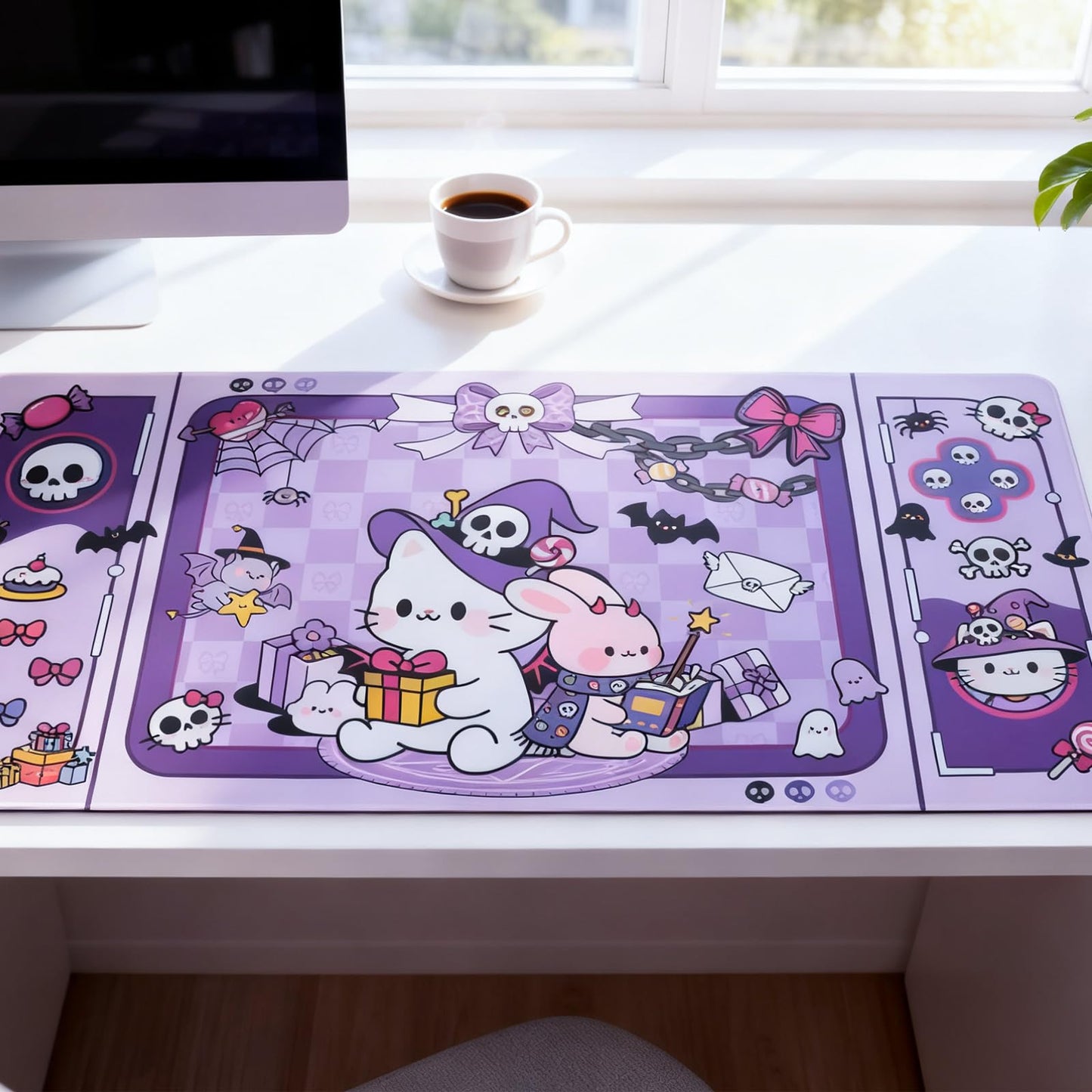 PERFECTSIGHT Cute Cat Desk Pad Kawaii Kitty Desk Mat, Large Gaming Mouse Pad, Funny Halloween Deskmat Mousepad, Anime Laptop Keyboard Pad Office Home Decor for Women Girls, Purple