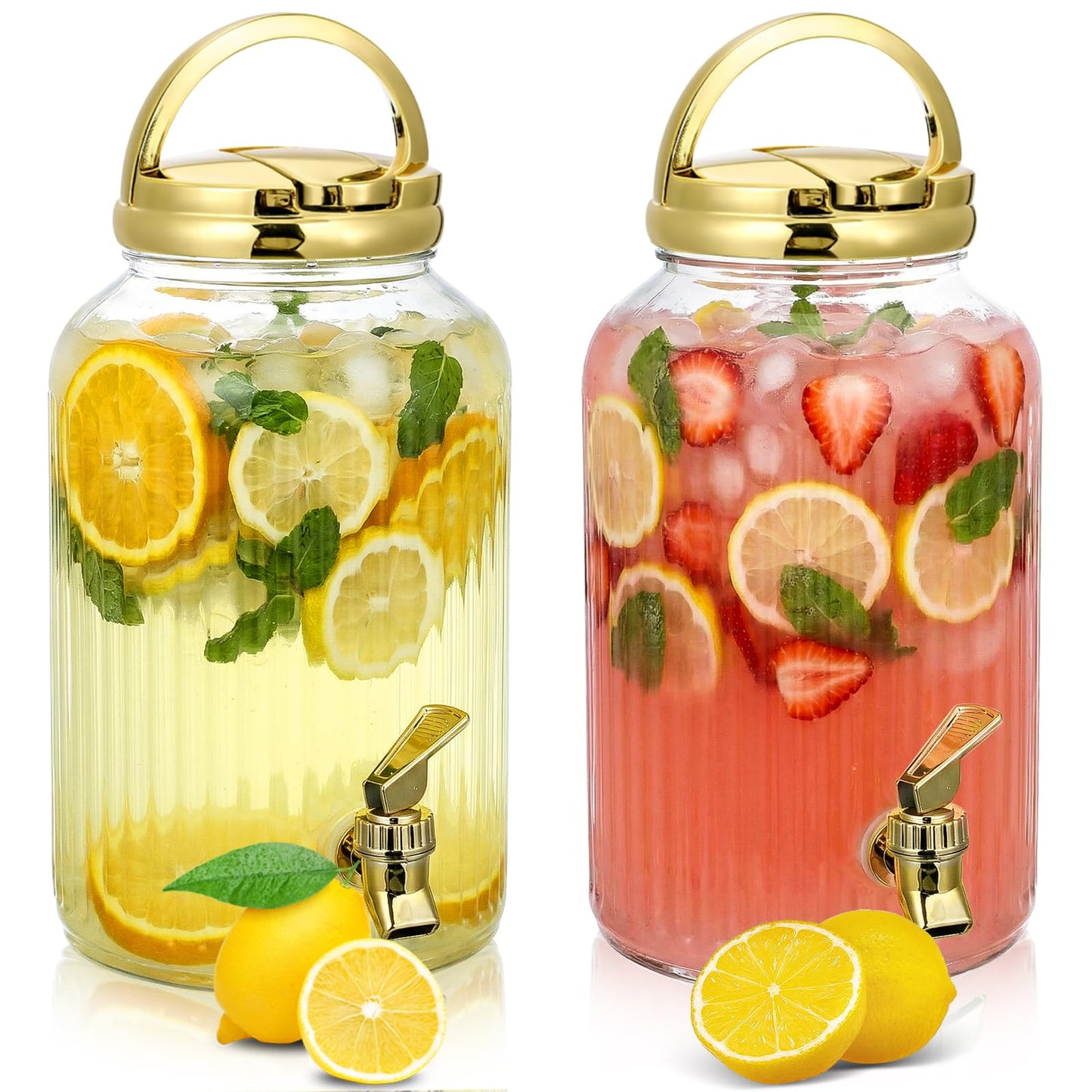 SiliFine 2 Pieces 1 Gallon Plastic Beverage Dispenser with Spigot Striped Clear Large Drink Beverage Dispenser Summer Fridge Water Container with Tap for Party Iced Tea, Sangria, Lemonade(Gold)