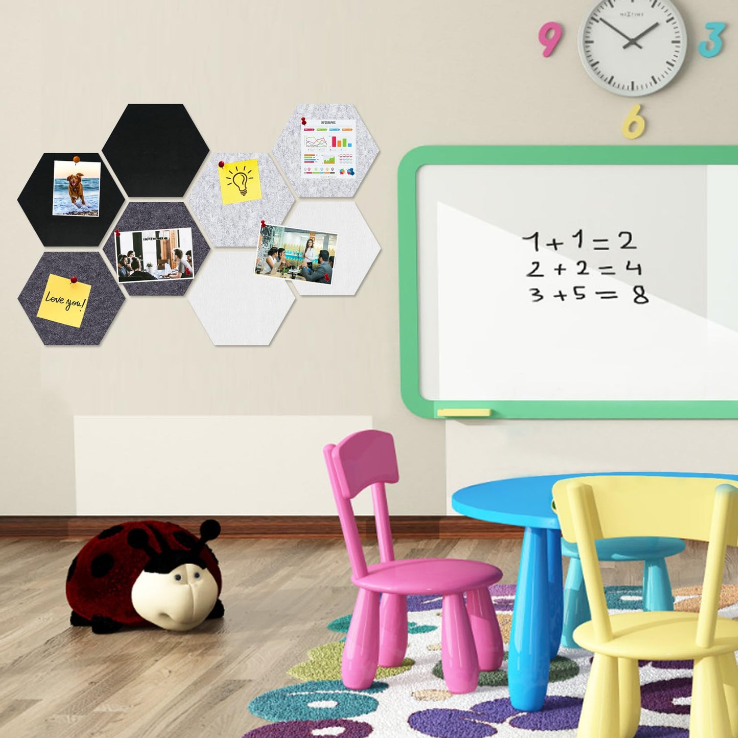HULAVO Large Hexagon Felt Cork Board Tiles, Self Adhesive DIY Felt Bulletin Board Pin Board with 35 Pushpins for Office School Home Wall Decor(Black+Deep Grey+Light Grey)