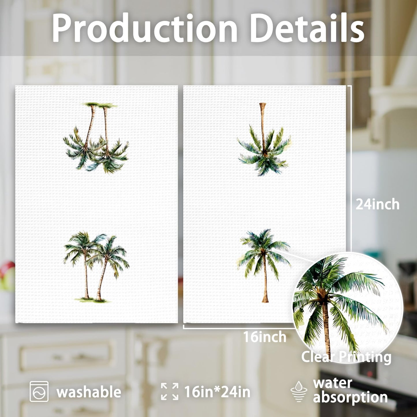 OINDADE Coastal Palm Tree Kitchen Hand Towels Set of 2, Summer Coconut Tree Decor for Kitchen Bathroom, Summer Botanical Beach Tropical Plant Hand Towels for Bathroom Toilet Washroom, 16x24In