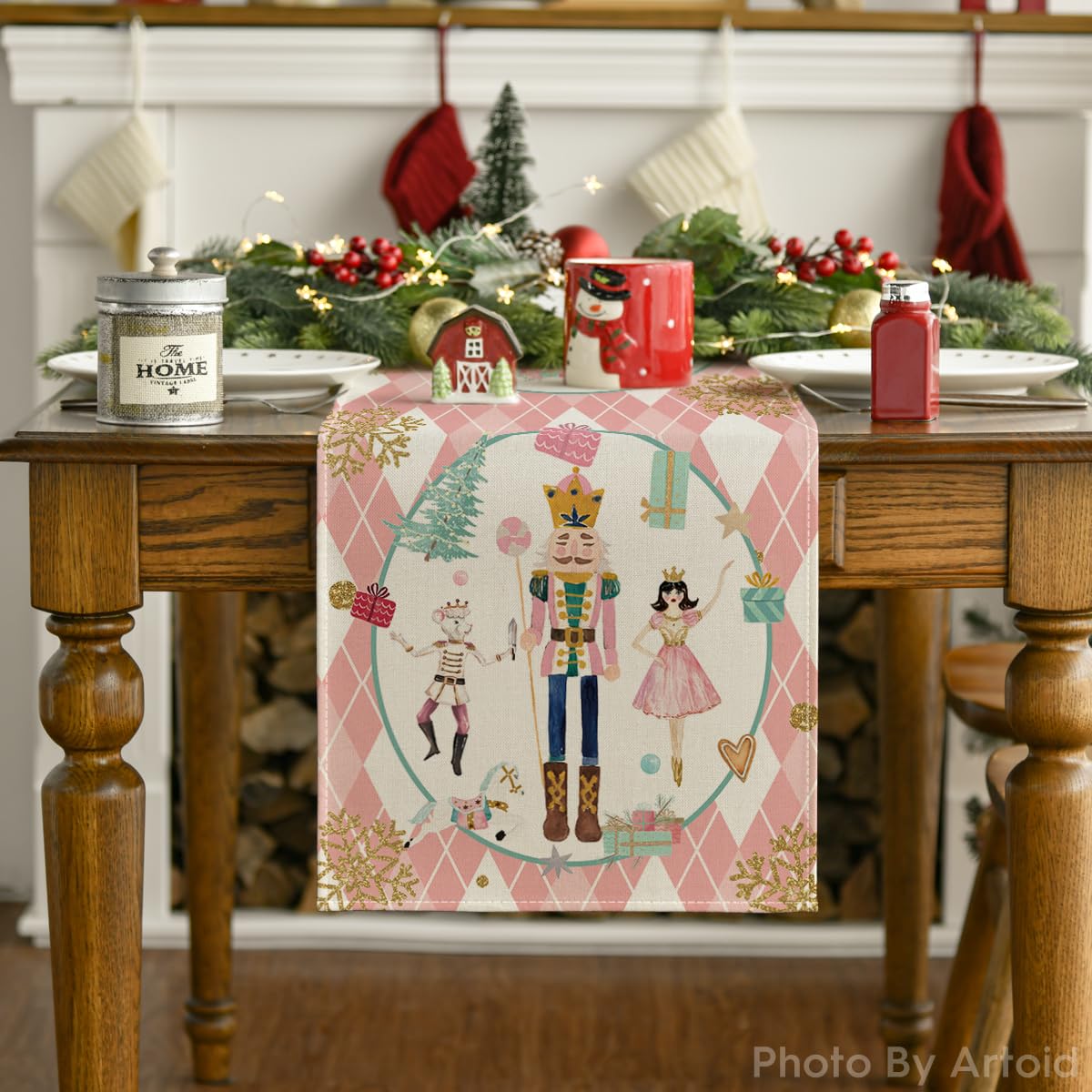 Artoid Mode Pink Diamond Plaid Nutcracker Snowflake Christmas Table Runner, Seasonal Winter Kitchen Dining Table Decoration for Home Party Decor 13x72 Inch