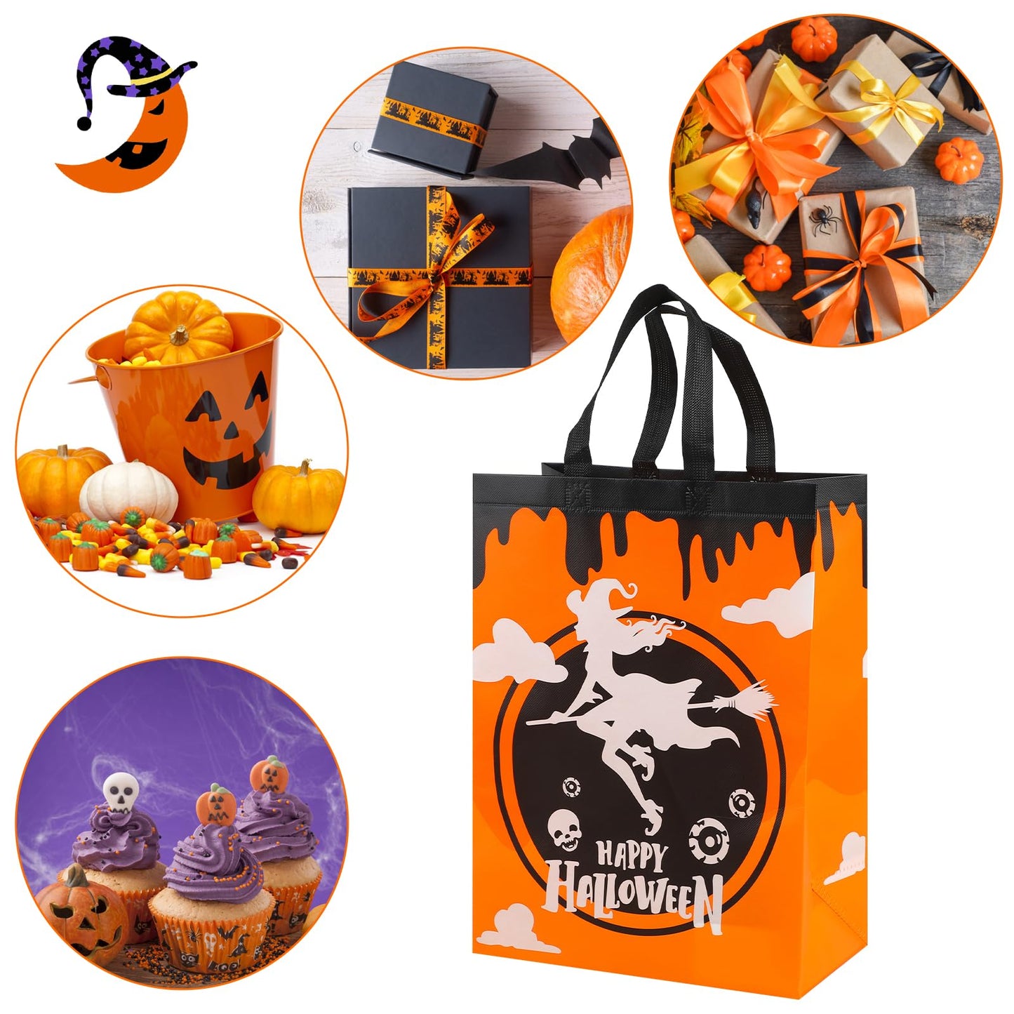 CCINEE 12PCS Halloween Non-Woven Bags with Handle,Large Size Reusable Halloween Trick or Treat Tote Bags for Party Favors Supplies,15.7"×11.8"×5.9"