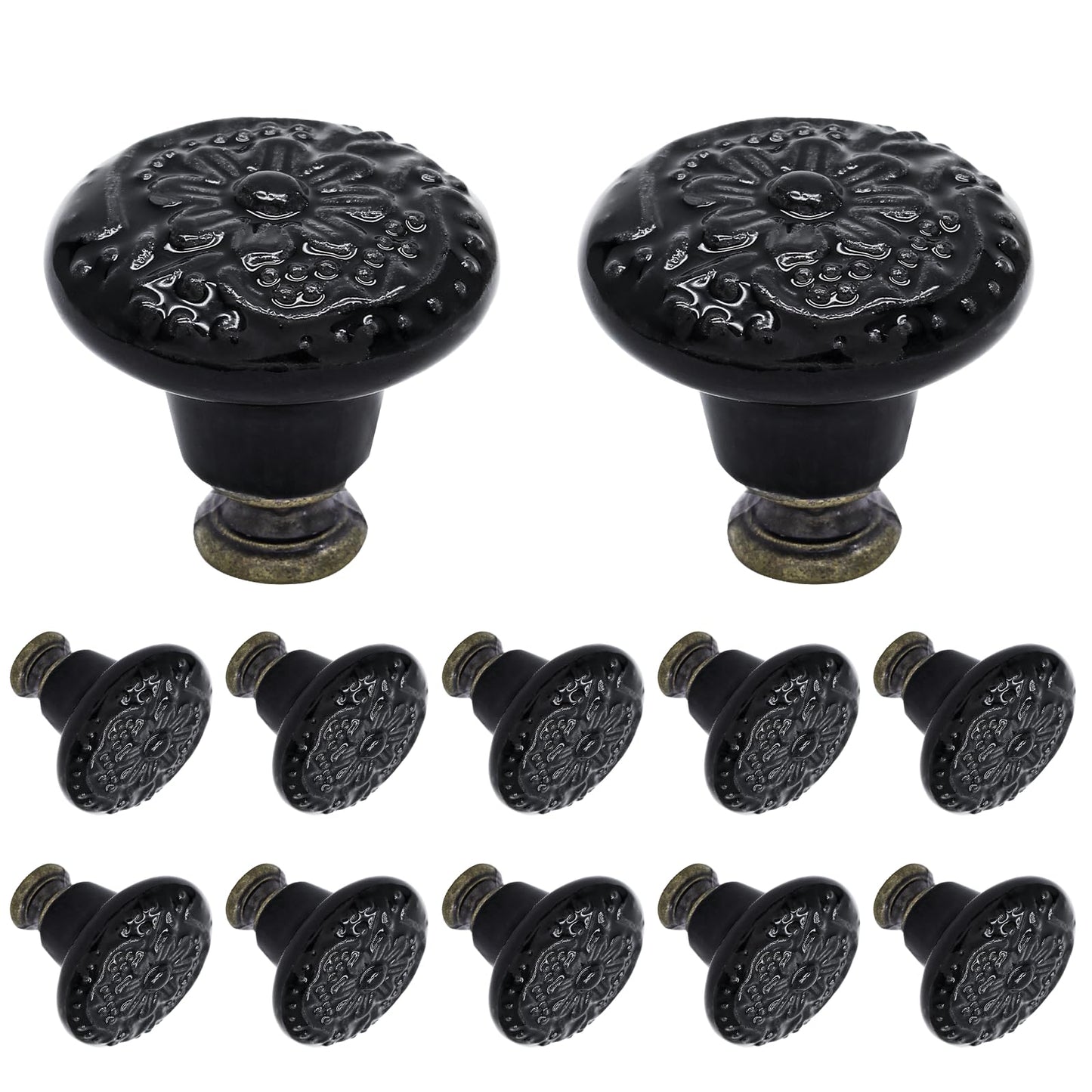 Biaungdo 12 Pcs Black Ceramic Vintage Round Drawer Knobs - Retro Ceramic Dresser Knobs and Pulls for Cabinet, Drawer, Cupboard