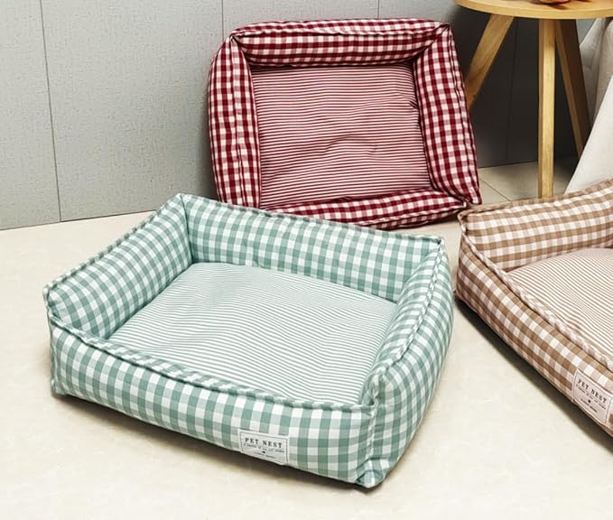 Orthopedic Rectangle Dog Bed for Medium Small Dogs, Plaid Plush Modern Puppy Sofa Bed with Anti-Slip Bottom, Cute Calming Pet Bed(Red,Medium)