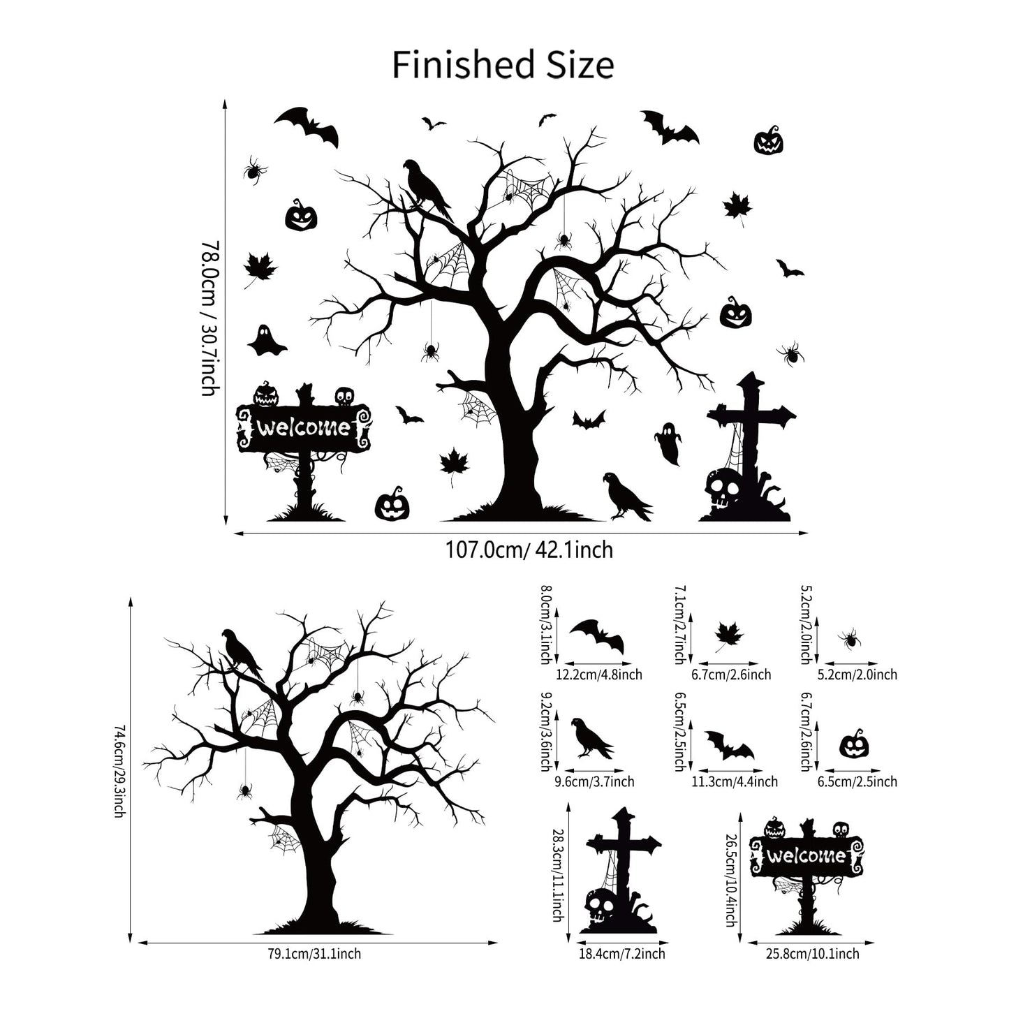 Halloween Spooky Wall Decals Black Tree Branch Wall Sticker Gothic Crow Bats Spider Horror Pumpkin Wall Decor Black Skull Halloween Festival Decoration for Holiday Home Party Classroom Office
