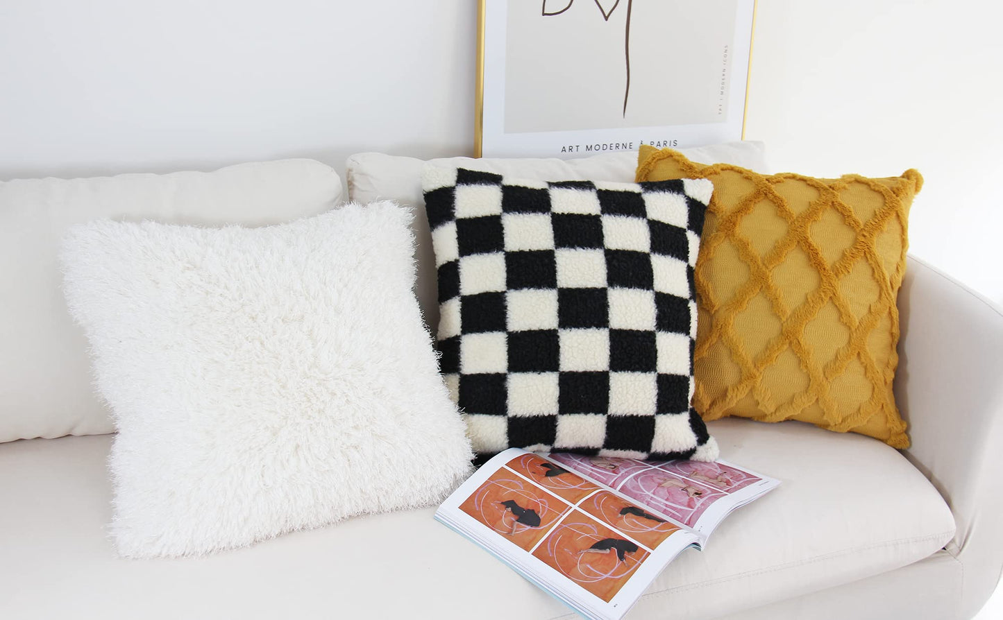JOJUSIS Decorative Throw Pillow Covers Luxury Style Checkerboard Pattern Cushion Case Super Soft Faux Fur Wool Pillowcases for Couch Bedroom Pack of 2 (Black, 18 x 18-Inch)