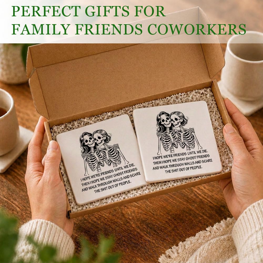 Xiahde Funny Skeleton Friends Coasters Dark Humor Gothic Ceramic Coasters Set of 2, for Women, Absorbent Stone Coasters with Cork Base Drink Coaster for Home Bar Halloween Decor