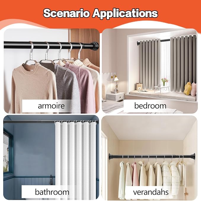 Closet Rod, 30 to 52 Inch Adjustable Closet Rods for Hanging Clothes Heavy Duty Closet Hanging Rod Matte Black Closet Poles for Wardrobes with No Drilling Holder