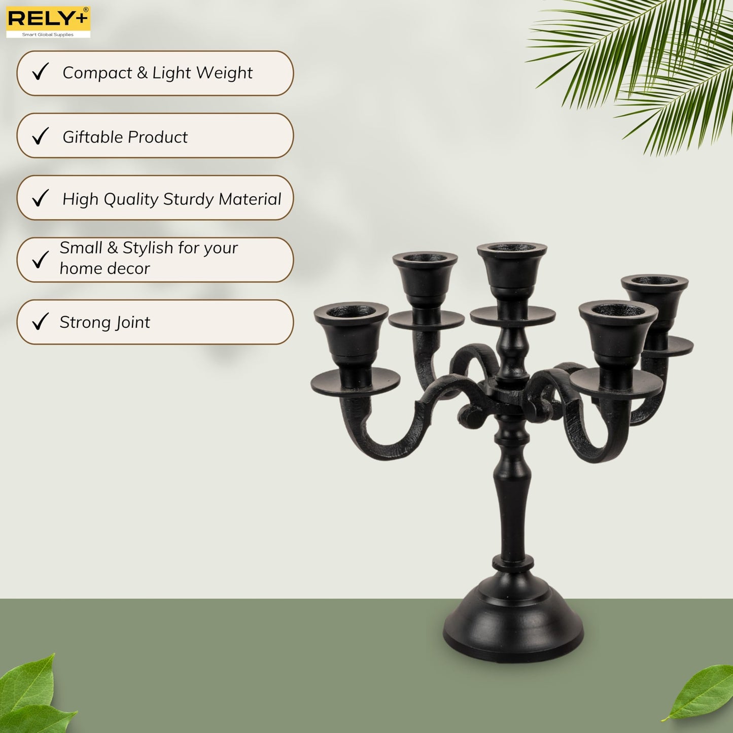Rely+ 5 Arm Baby Candelabra Black Matte 8 Inch Taper Candle Holders Gothic Decorations Candlesticks Holder Home Decor Wedding Parties Centerpiece for Dining Table