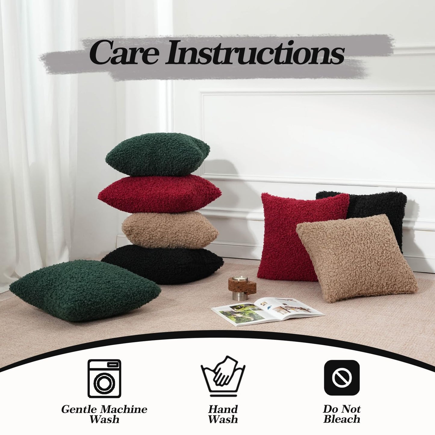 AMZWISE Pillow Covers Decorative Curly Teddy Wool 22X22 Inch Throw Pillows Set of 2 for Outdoor Garden, Boucle Textured Neutral Cushion Covers for Chair Sofa Bedroom Living Room Bed Decor, Black