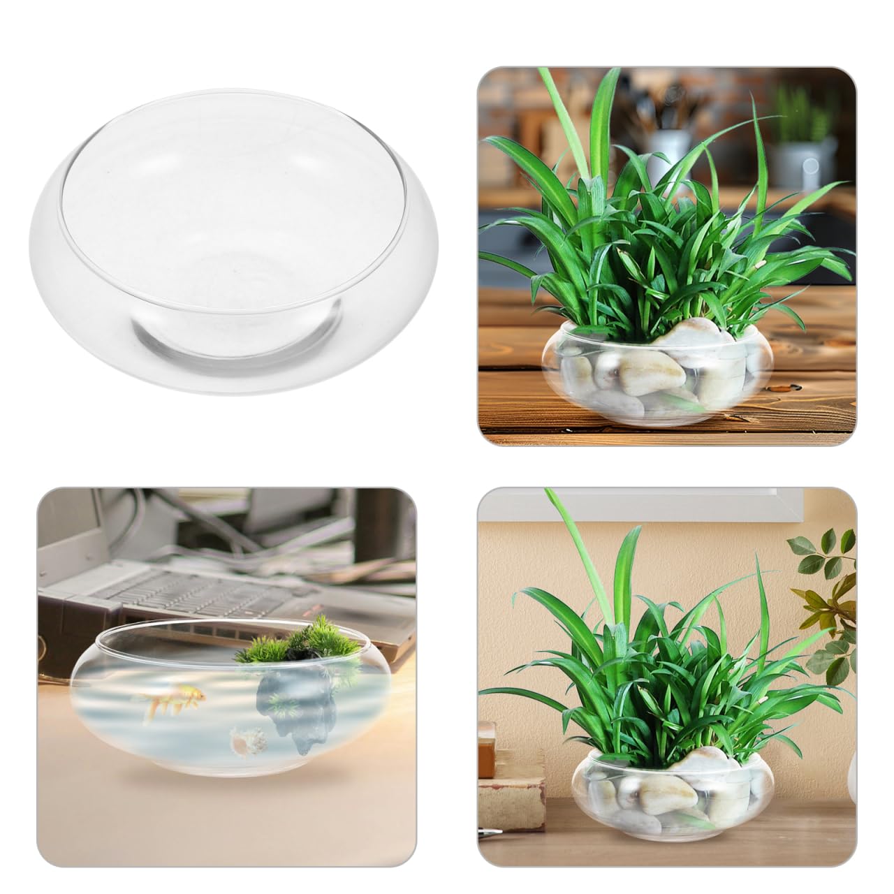 Glass Terrarium Bowl: 5.90" Round Shallow Planter and Betta Fish Tank - Clear Glass Bowl Vase for Hydroponics, Succulents and Wedding Table Decor (15cm Wide)