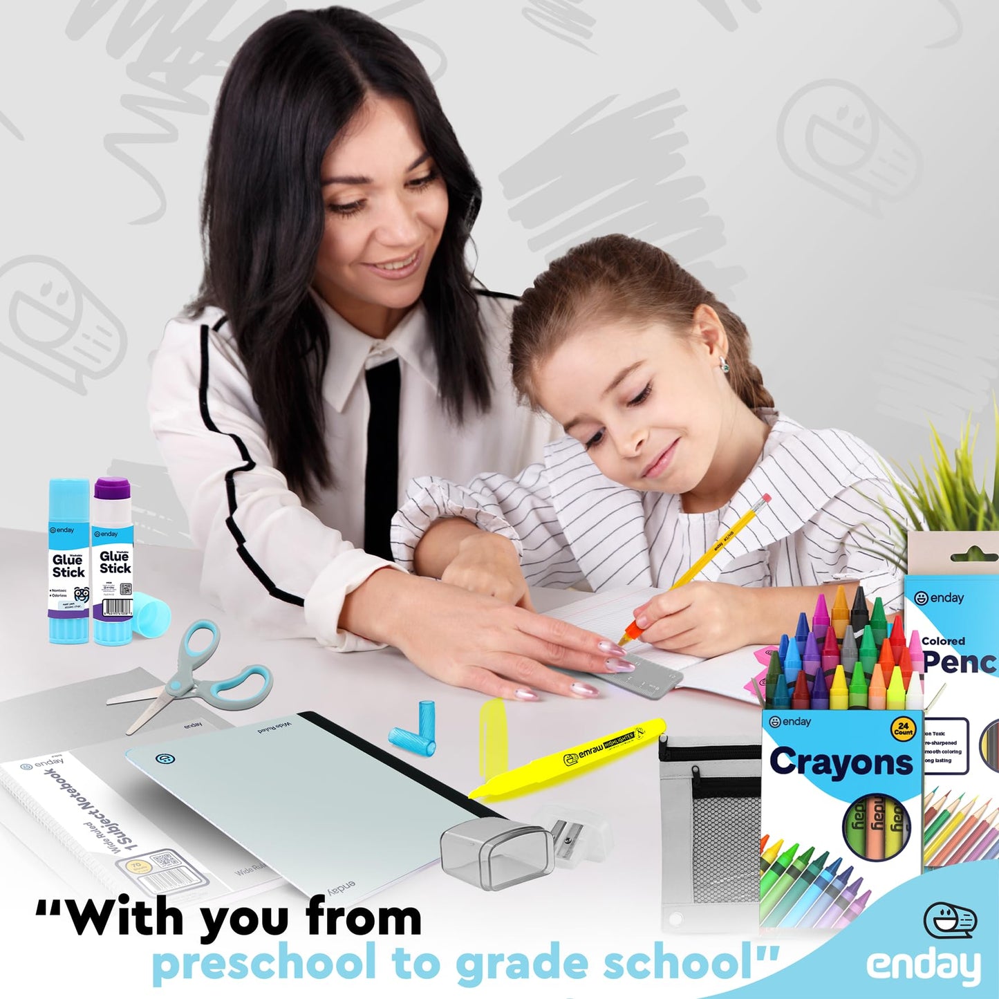 Enday Back to School Supplies for Kids, Grey School Supply Box Grades K-5, Premium Quality Kids School Supplies Kit, Kindergarten School Supplies for Girls and Boys, 78 Piece Set