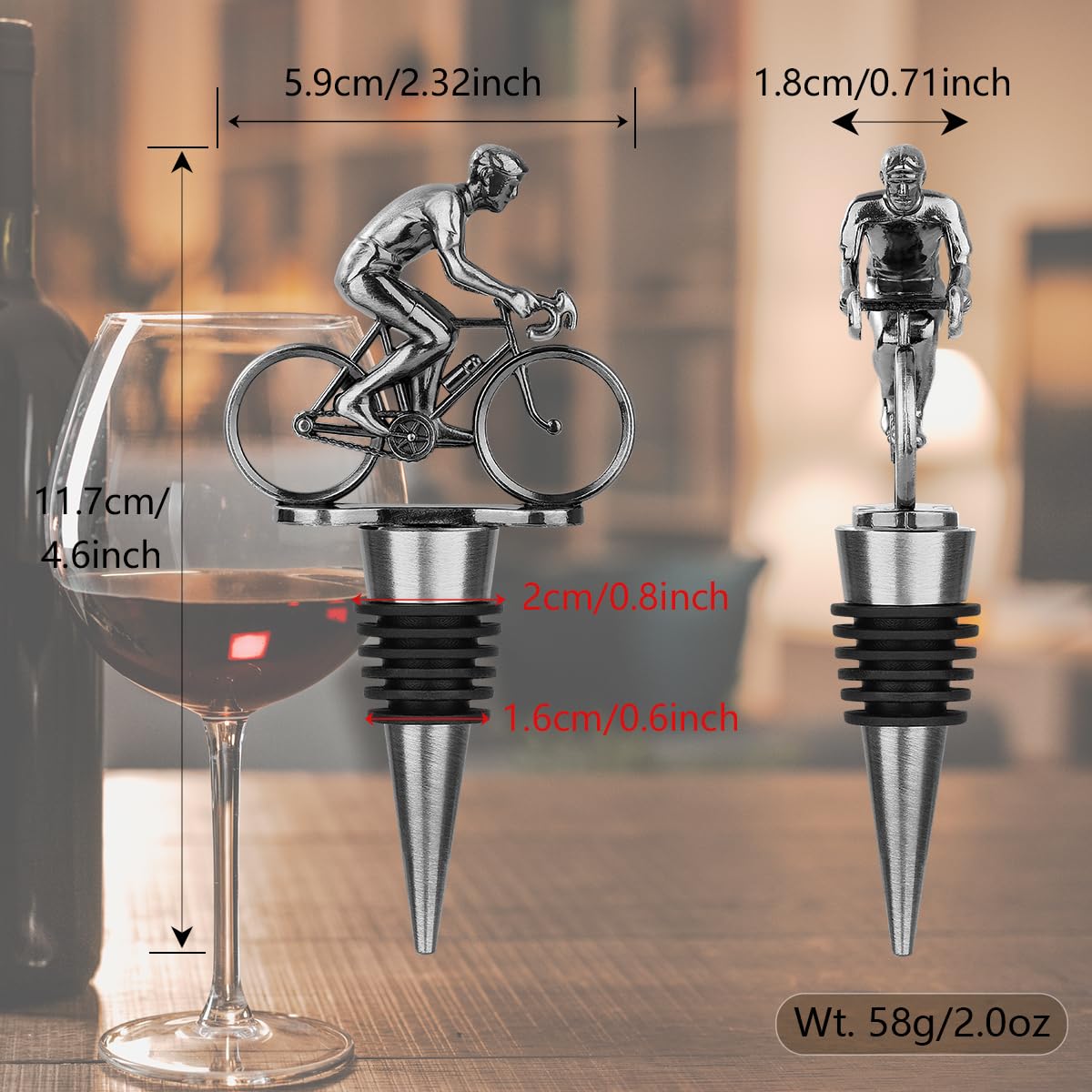 LULLEA Cycling Wine Bottle Stopper, Bicycle Gifts Cyclist Gifts Wine Gifts for Father's Day, Christmas, Birthday, Silver Bottle Stopper for Wine and Champagne with Bag