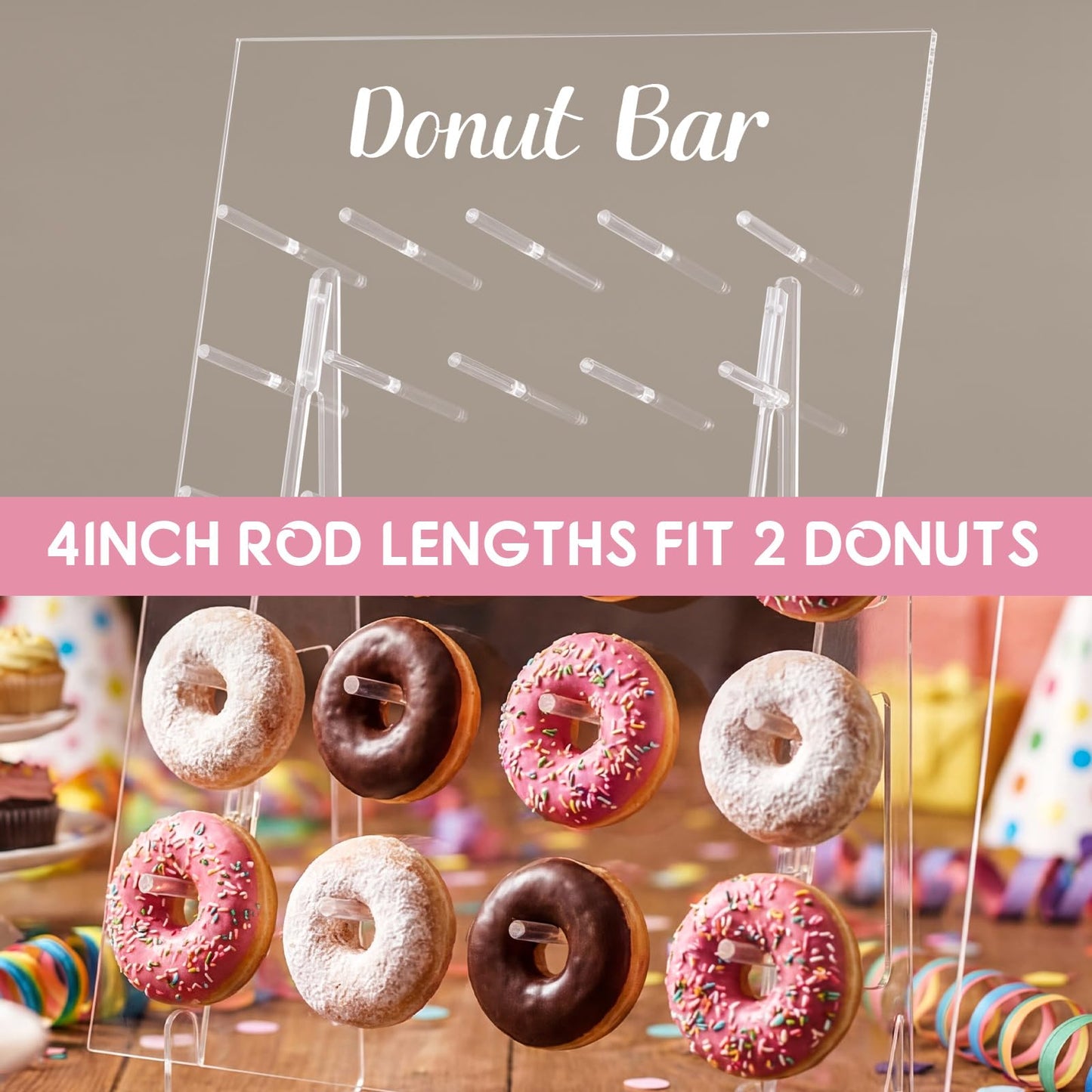 Vicenpal 1 Pack Large Donut Wall Display Stand Holds 50 Donuts Clear Acrylic Board Display Reusable Bagels Holders for Party Wedding Baby Shower Birthday Holiday Festival Decor, 22" L x 8" W x 28" H
