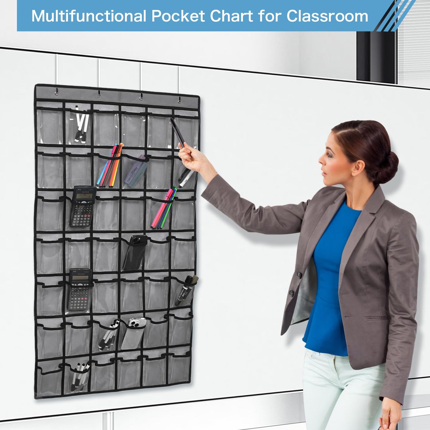 SAVERHO 42 Pocket Classroom Pocket Chart for Cell Phones and Calculator,Clear Cellphone Pocket Chart for Classroom with Number Sticker and hooks (Grey-42 Pockets)