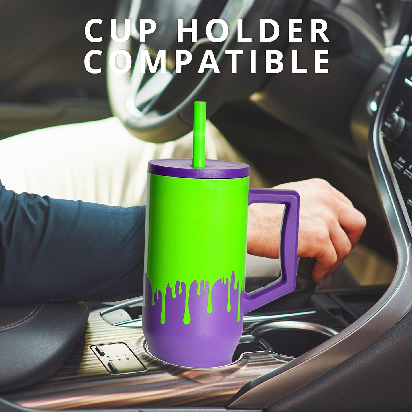 Elemental 40 oz Tumbler with Handle and Straw - Spill Proof Insulated Stainless Steel Commuter for Cold Beverages - Travel Coffee Mug with 2 Straws & Spill Proof Lid - 40oz - Poison Drip