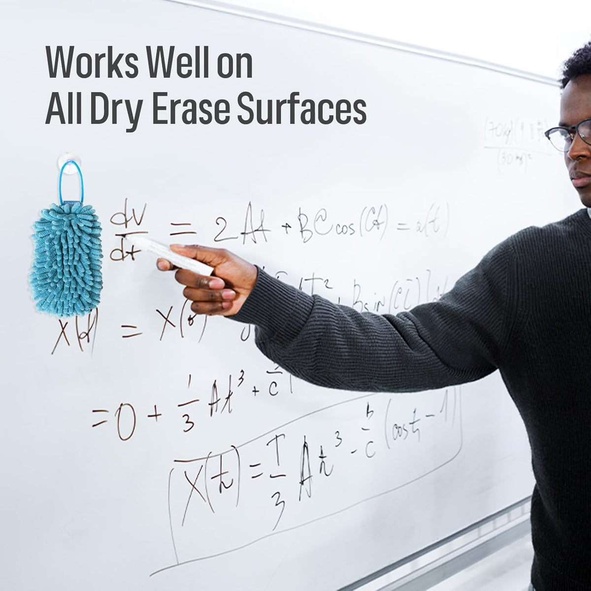 loukin Shag Dry Erase Eraser (3.4 Fl Oz Whiteboard Cleaner Included), Whiteboard Eraser with Suction Cup, Microfiber, Washable, for Classroom, Home and Office Use, Blue