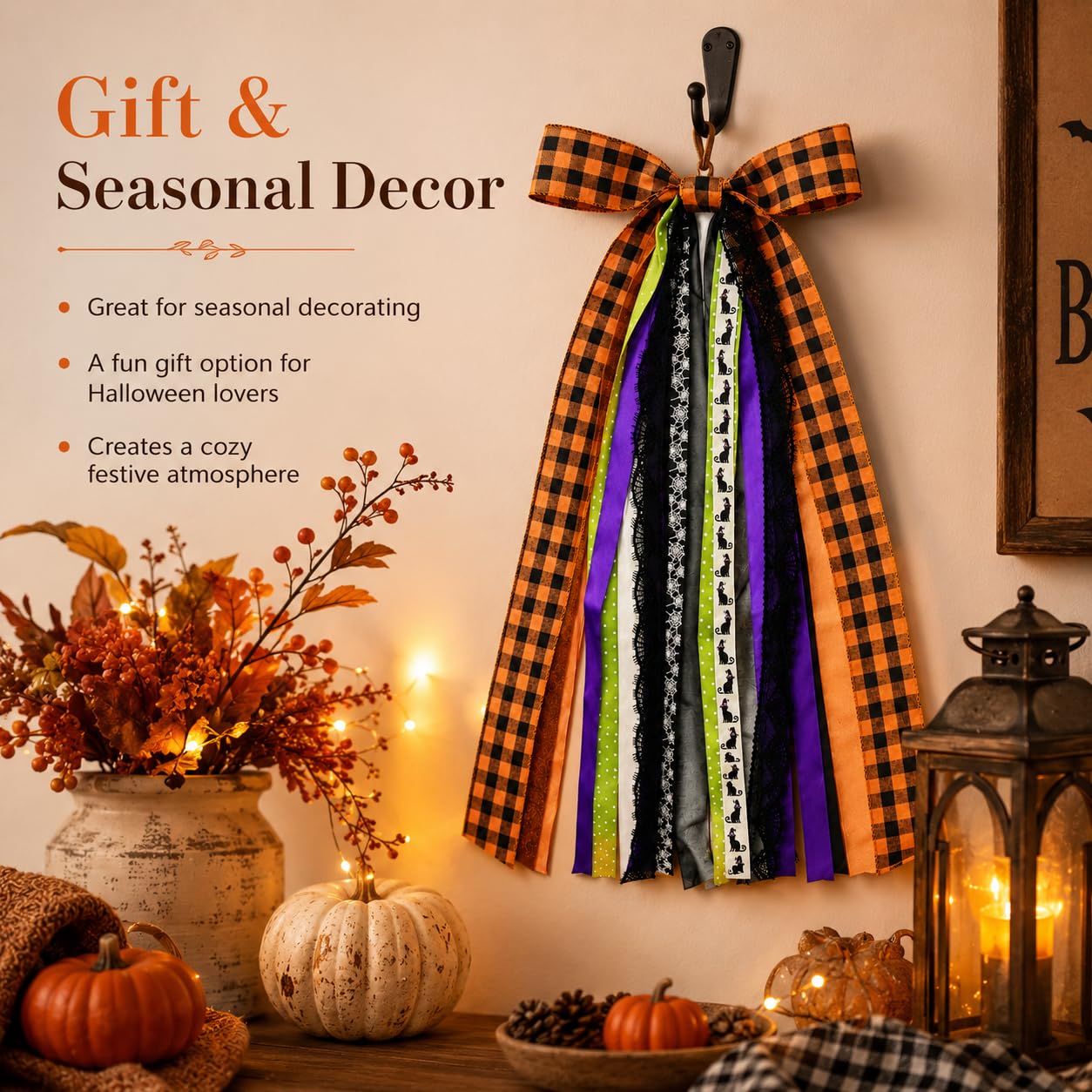 Halloween Wreath Sash Front Door Ribbon Bow Large Orange Black Buffalo Plaid Purple Spider Web Cat Streamer Fall Porch Decoration