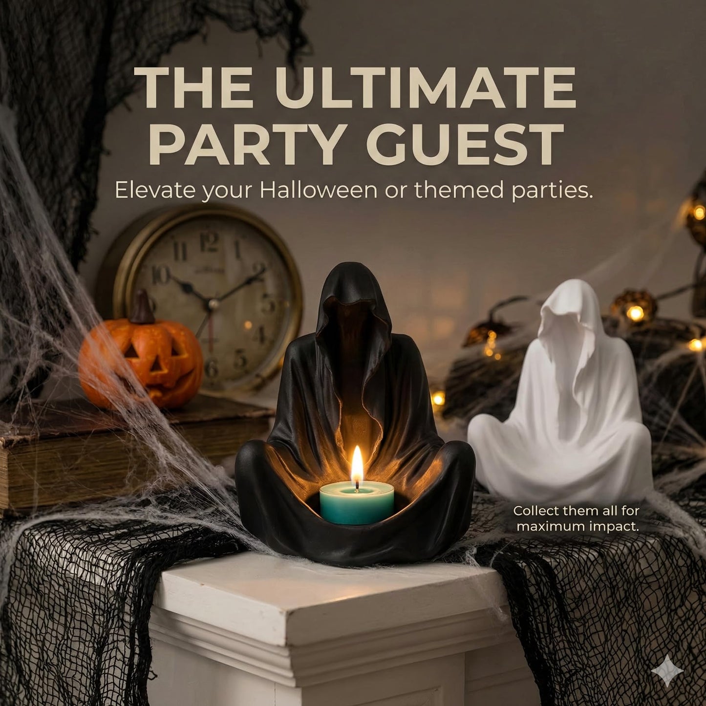 6" Gothic Ghost Candle Holder - Faceless Wizard Tea Light Burner, Dark Academia Bookshelf Decor for Halloween - Resin (White)