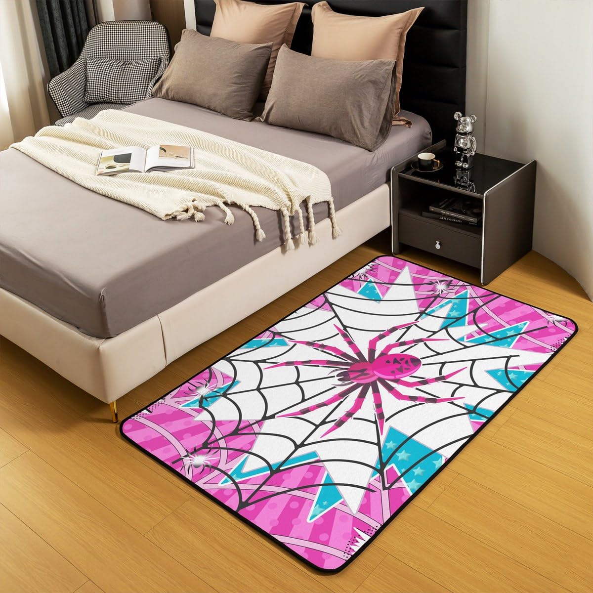 Manfei Pink Spider Kids Area Rug,Black Spider Web Halloween Gothic Trippy Indoor Floor Mat Entrance Rug for Girls Boys,Stars Stripe Geometric Non Slip Rug,Unique Couch Living Room Decor,5'x6'6''