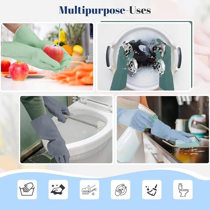 Rubber Kitchen Dishwashing Gloves - 3 Pairs Colorful Reusable Household Cleaning Gloves For Washing Dishes And Cleaning Tasks,Flexible And Durable Waterproof (Medium, Dark Green+Green+Gray)