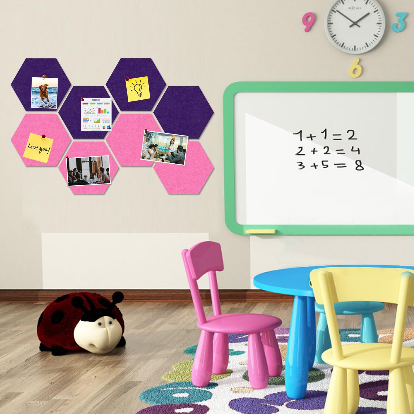 HULAVO Large Hexagon Felt Cork Board Tiles, Self Adhesive DIY Felt Bulletin Board Pin Board with 35 Pushpins for Office School Home Wall Decor Stickers Memos Photos Display(Purple+Pink)