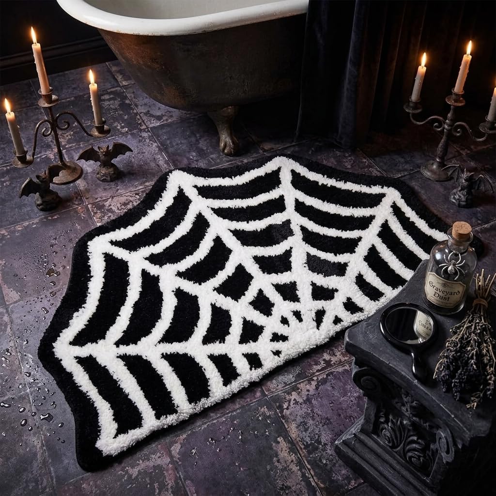 Casasphere Spider Web Bathroom Rugs, Halloween Bath Mat Non-Slip Bath Rug Machine Washable Goth Rug, 31"×20" Small Area Rugs for Front Door Bedroom Kitchen(Black)