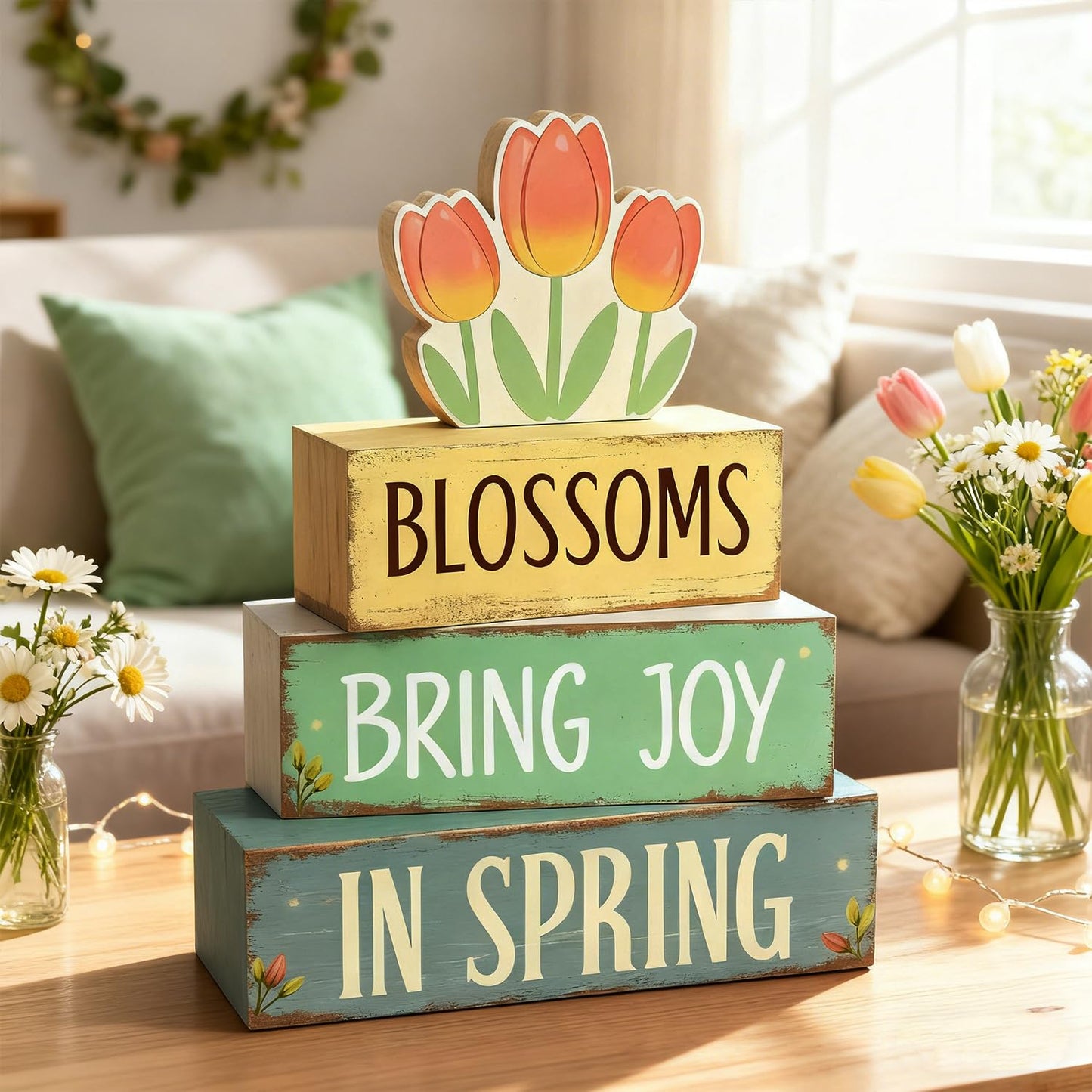 Spring Decoration Wooden Tiered Tray Decor – Tulip Blossoms Spring Stacked Block Sign with Floral Accent – Farmhouse Tabletop Spring Decor for Shelf Mantel Seasonal Home Display