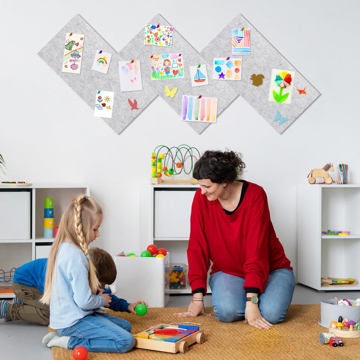ANLIOTE 6 Pack Cork Board Felt Bulletin Board with 60 Push Pins, 1/2" Thick Pinboard Square Tiles for Wall Organizer - Home Office Classroom Decor, Photo Display, Memo Board (11.8"x11.8"- Light Grey)