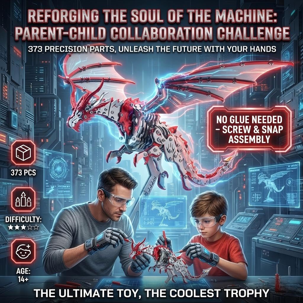 Dragon 3D Metal Puzzles for Adults, 373 PCS Stainless Steel DIY Mechanical Metal Model Kits,No Glue Assembly with Movable Joints,Challenging Metal Building Kit Desk Decor Gift(Silver Red Dragon)