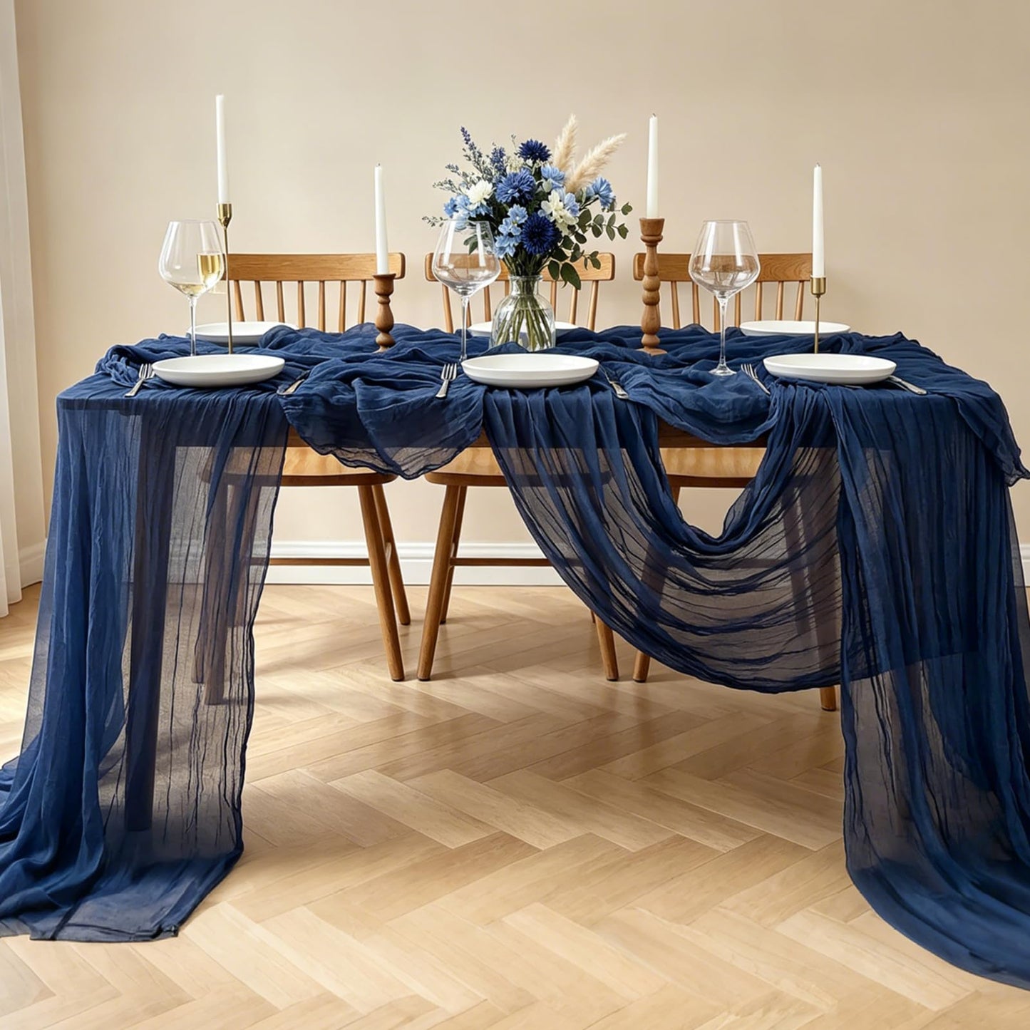 3Pcs Navy Blue Table Runner, 10FT Rustic Gauze Blue Table Runner 35*120inch Boho Table Runners for Wedding Bridal Shower Birthday Baby Shower Table Centerpiece Decorations