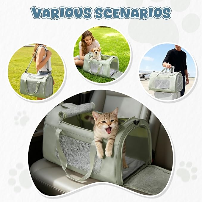 Extra-Large Cat Carrying Case Pet Dog Carrier Soft-Sided Cat Bag Airline Approved, Mesh Pet Carrier for Travel Outdoors with Shoulder Straps, Cat Carriers for Cats/Puppy/Dogs Up to 30Lbs, Green
