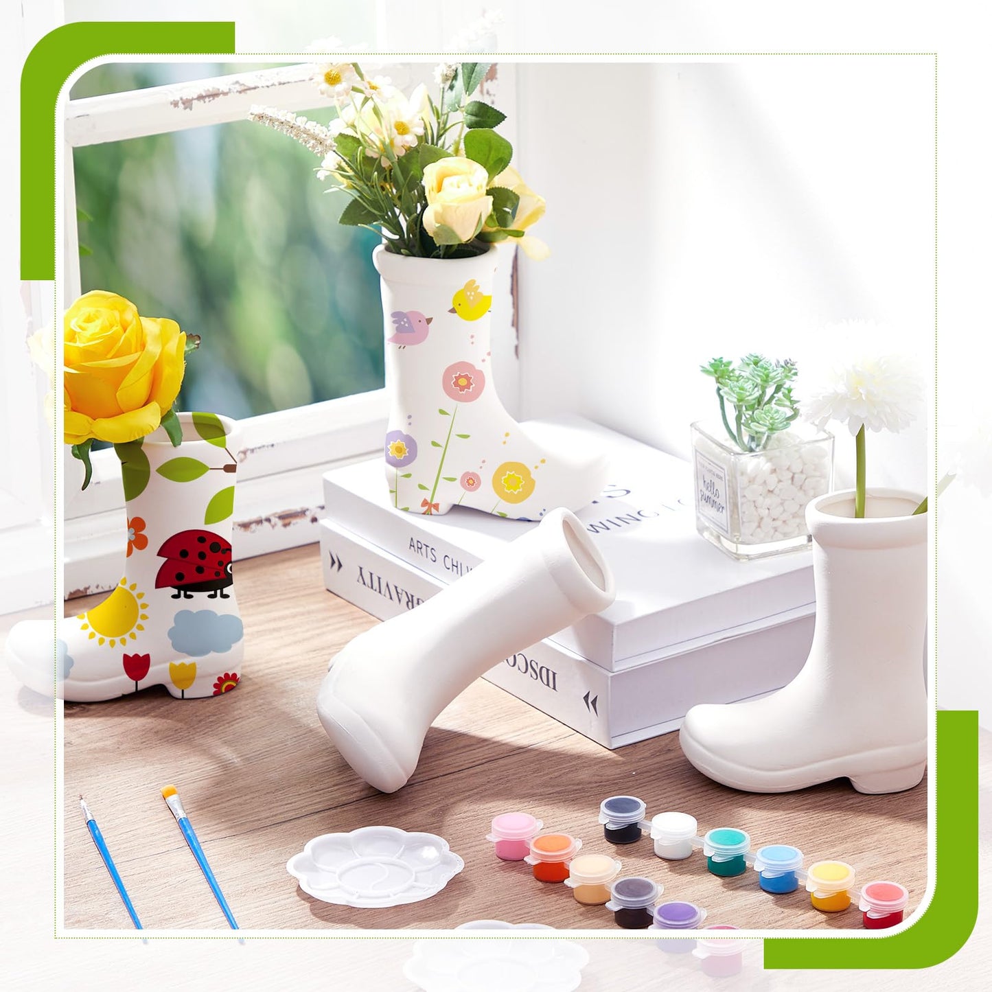 Yerliker 4 Pcs Mini Spring Boot Vase 5.91'' Tall DIY Boot Ceramic Planter White Finish Flower Vase Centerpieces with Palette Paintbrush Pigment for Indoor Outdoor Home Room Office Decor