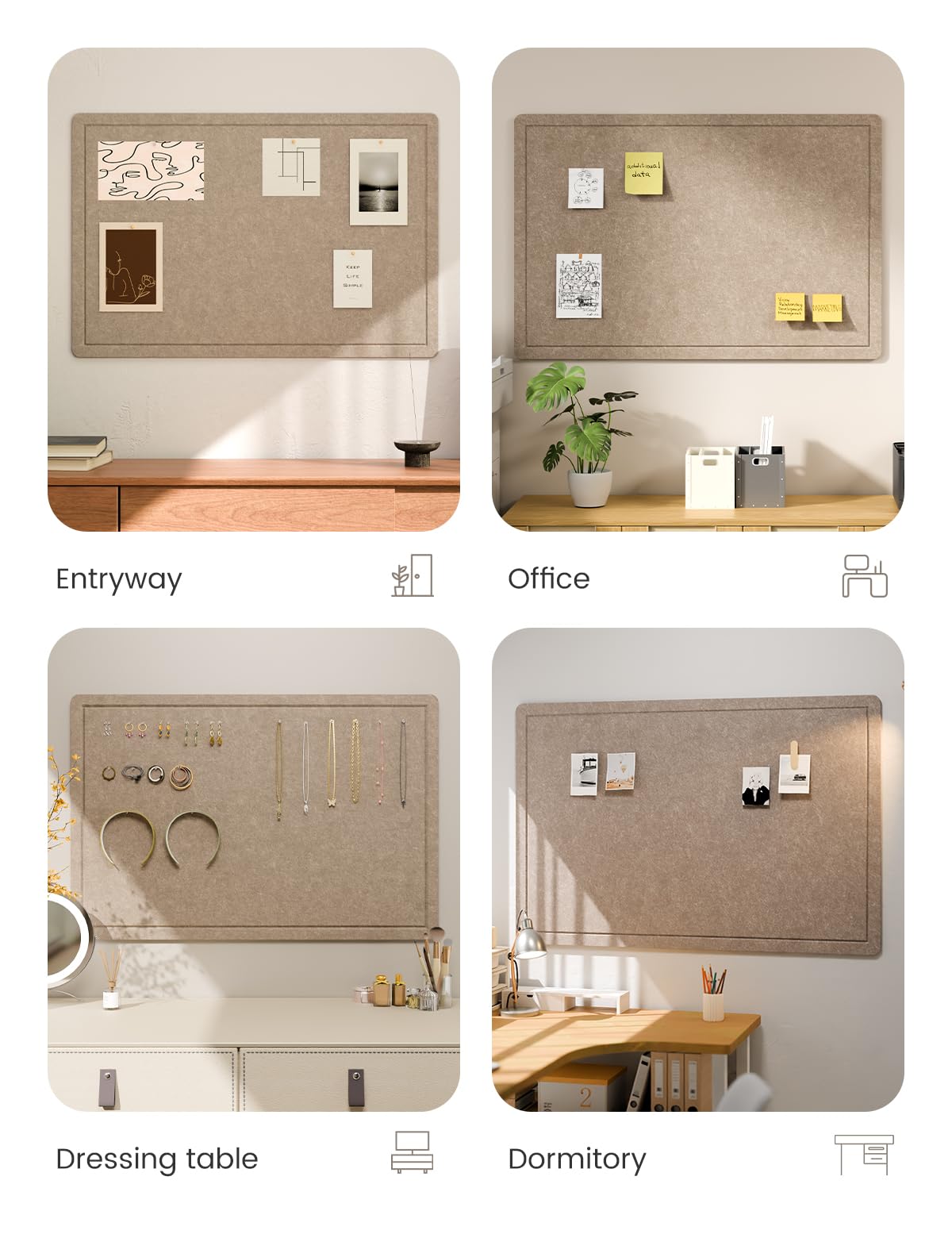 Fluxynara Bulletin Board,35.4" x 23.6" Cork Board Alternative with 12 Safe Removable Adhesive Tabs, Foldable Felt Pin Board for Home Office, Classroom, Bedroom,Entryway for Walls—Taupe