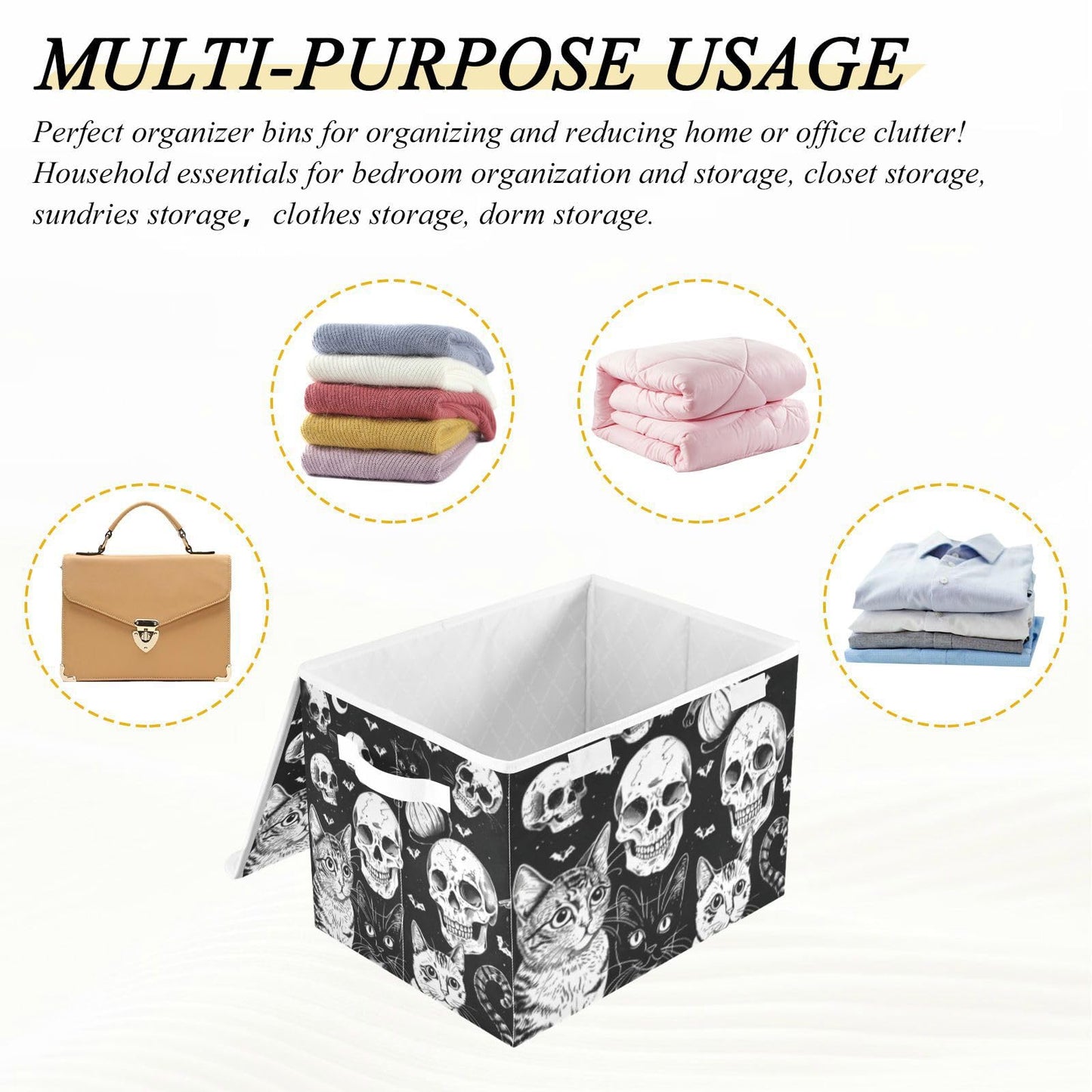 Tatenale Collapsible Storage Bins with Lids Decorative Fabric Storage Cubes Closet Organizer and Storage Basket Boxes Containers for Clothes Box Chest Folding Rectangle Halloween Cat Skull