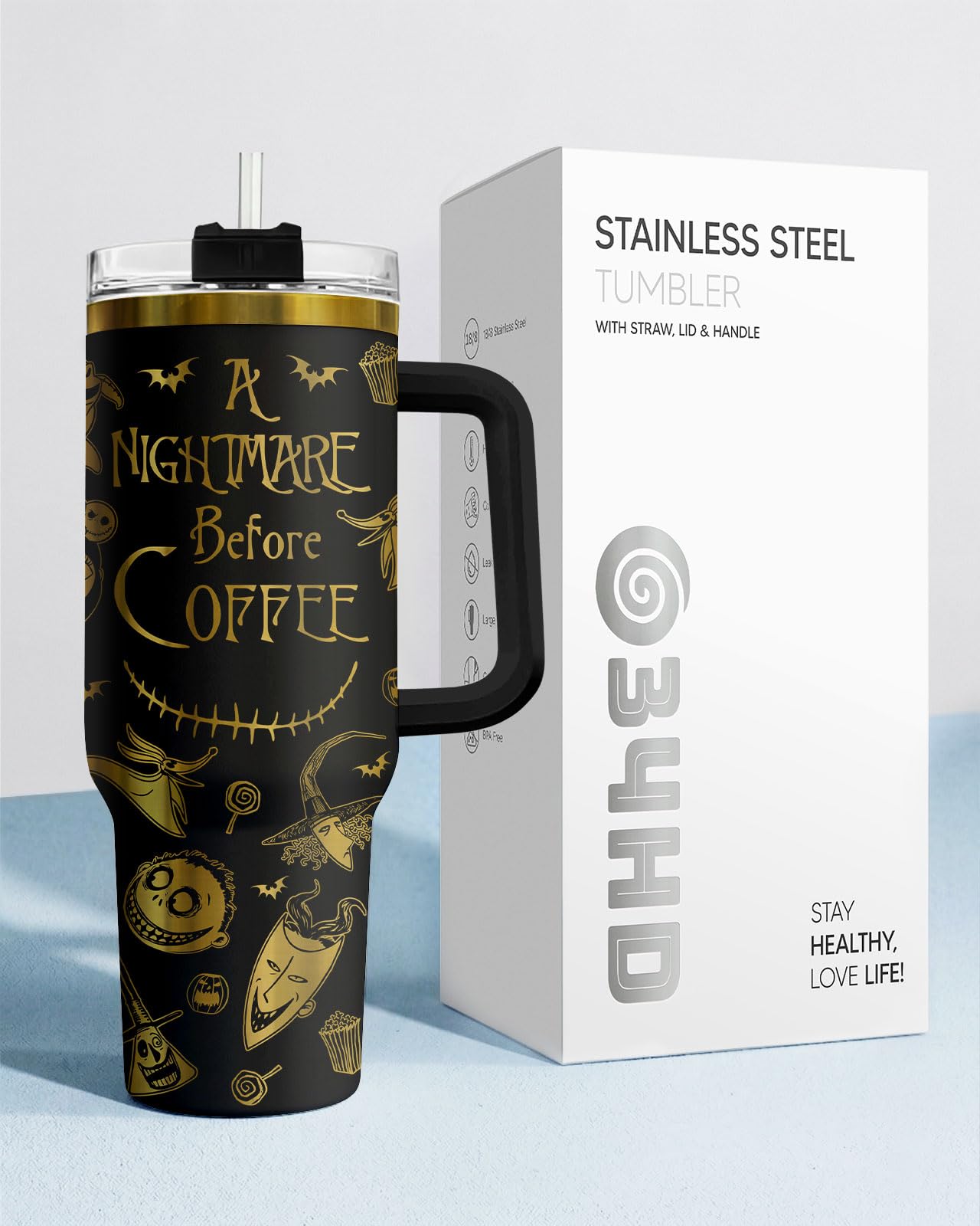 34HD Nightmare Before Coffee Tumbler 40oz with Handle and Straw, Laser Engraved Skeleton Insulated Travel Coffee Cup - Cartoon Character Gifts on Birthday for Cafe Lovers, Men & Women