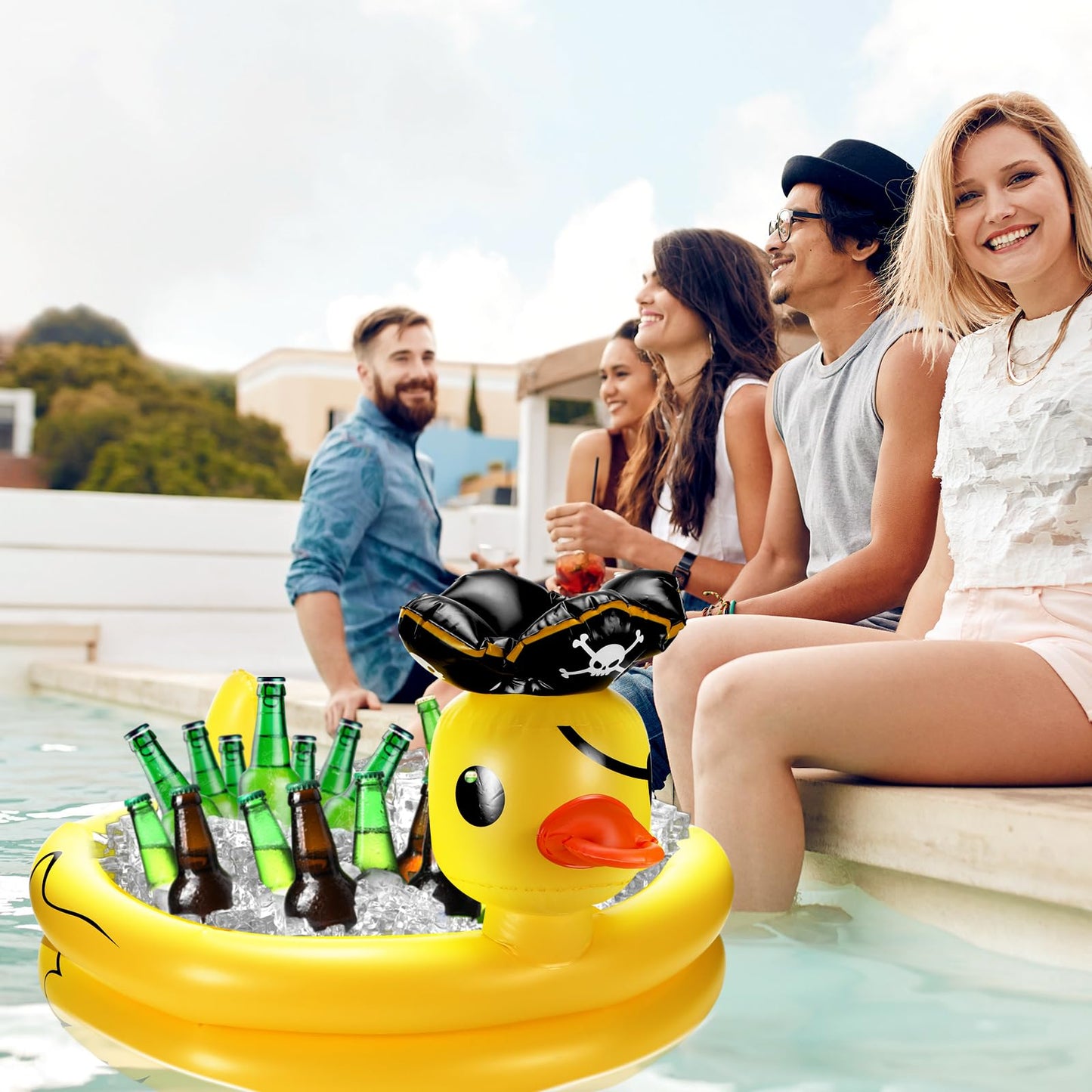 Bencailor Inflatable Pirate Duck Drink Cooler Reusable Blow up Duck Floating Cooler for Summer Halloween Hawaiian Beach Party Decoration Supplies, 31.5 x 23.6 Inch