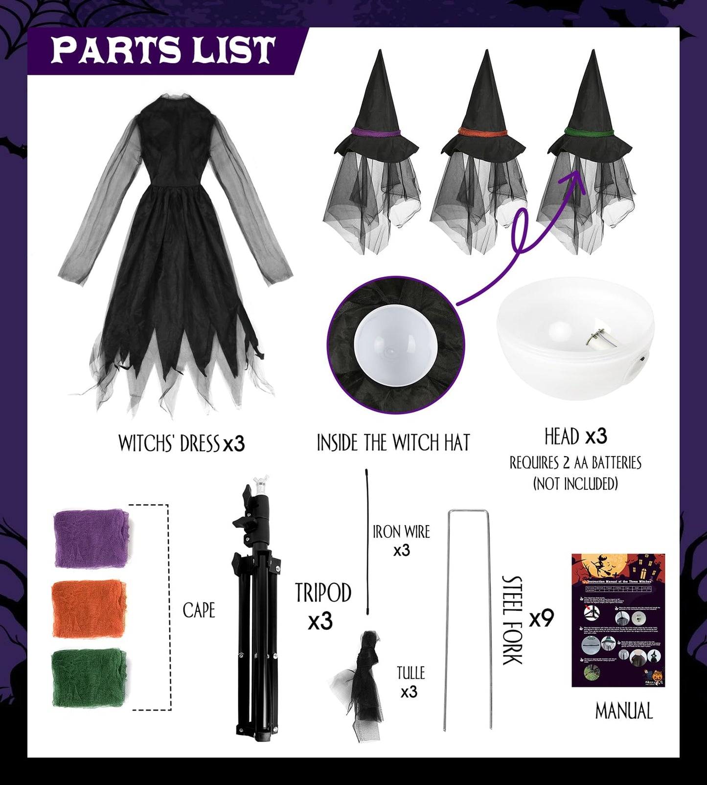 56In LED Set of 3 Black Witches with Stakes Light Up Witches Holding Hands Garden Decor Scary Halloween Decorations Outdoor Yard