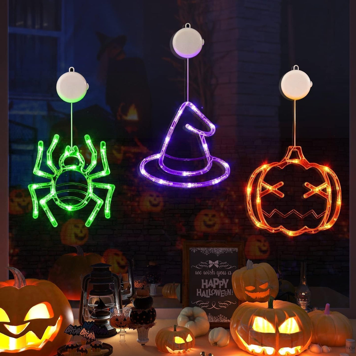 LOLStar Halloween Window Lights, 3 Pack Pumpkin, Spider, Witch Hat Lights