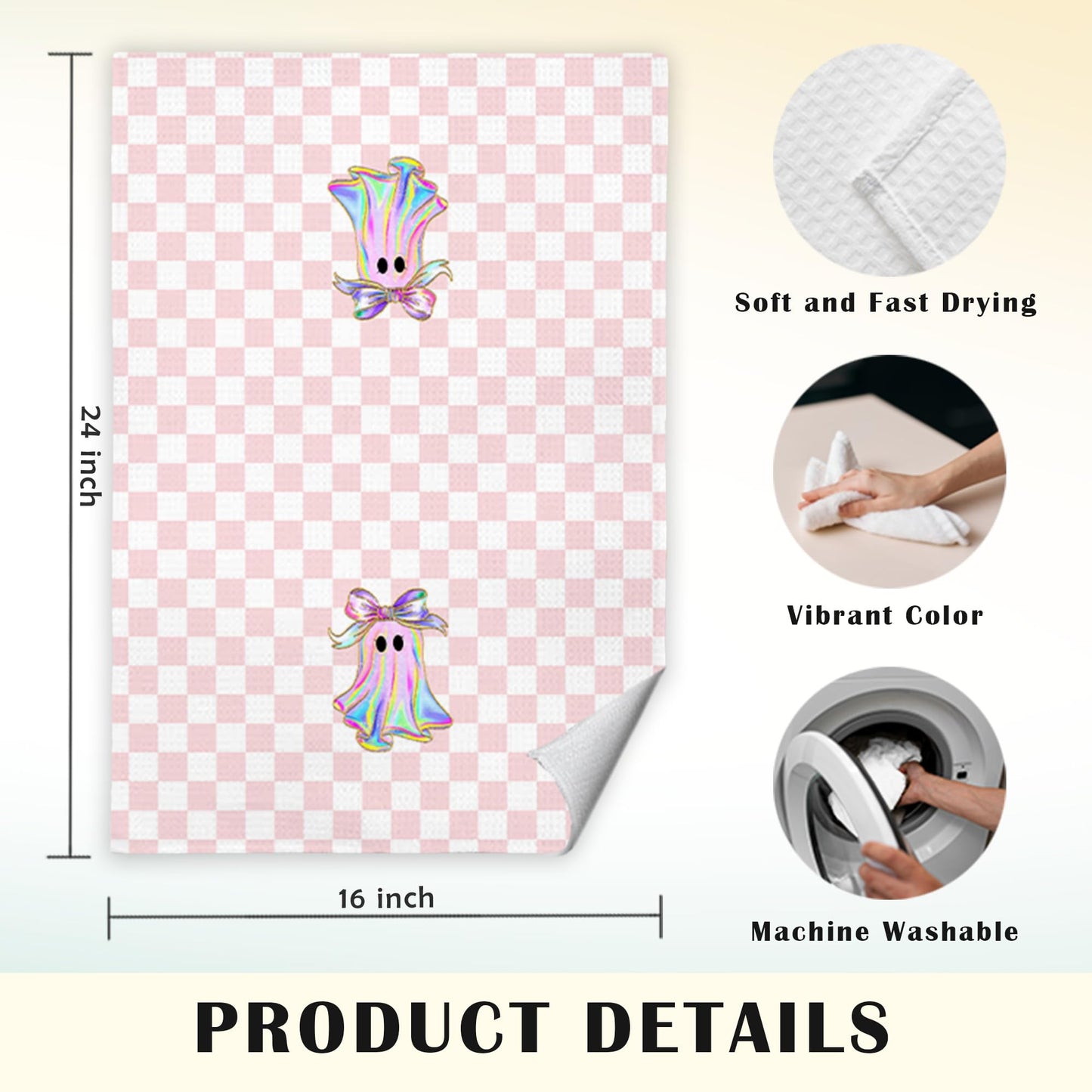 JINYO Ghost Kitchen Towels, Pink and White Checkered Hand Towels for Bathroom Kitchen Decor, Halloween Decorative Dish Tea Towels, 16x24 Inch