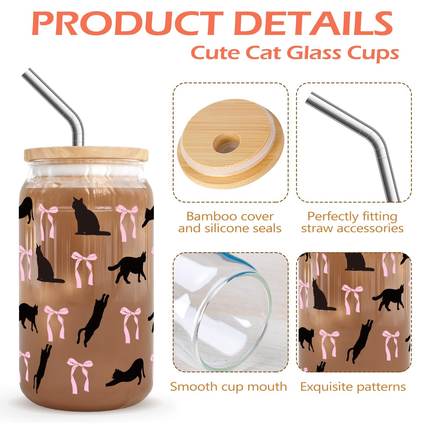 RVEAFA Cute Cat and Bows Iced Coffee Cup Halloween Glass Tumbler Gifts for Women Cat Lovers Gifts for Birthday Halloween Christmas Day, 16oz Glass Cups with Lids and Straw