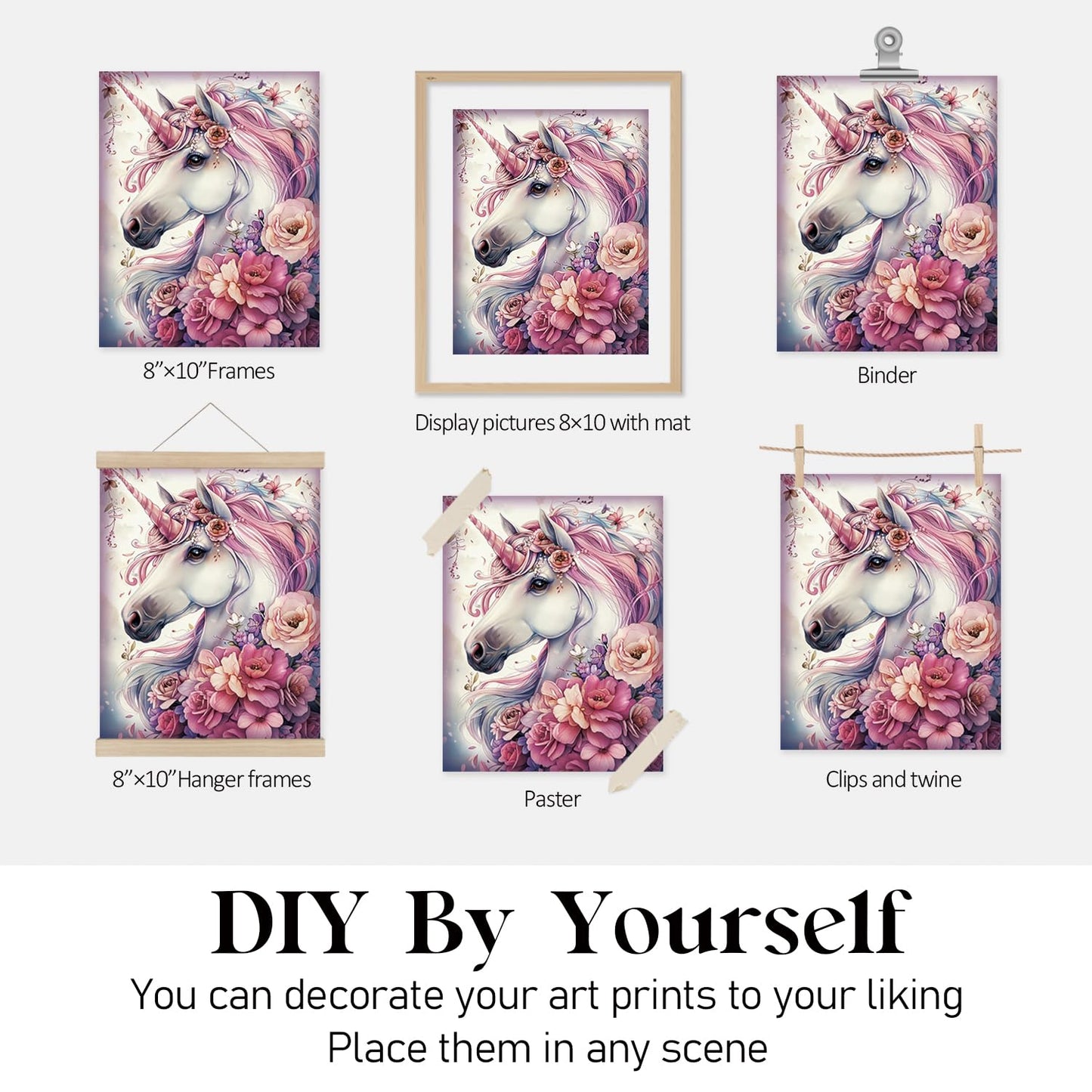 Locomiss Enchanted Forest Fantasy Horse Floral Wall Art Decor, Whimsical Mystical Fairytale Carriage Prints Posters for Girl Nursery Toddler Girls Room Bedroom Wall Decor, Set of 4, 8x10 Unframed