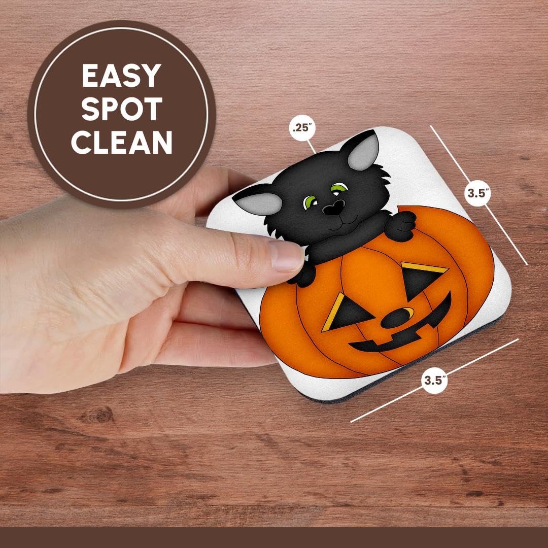 3dRose CST_216734_2 Cute Halloween Cat in a Pumpkin Illustration Soft Coasters (Set of 8)