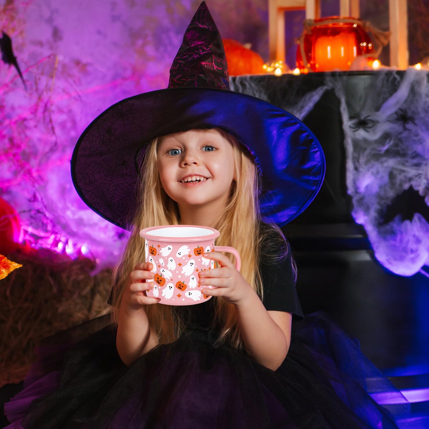 JarThenaAMCS 2 Pcs Halloween Coffee Mug Boo Ghost Pumpkin Enamel Cups with Handle Pink Drinking Mugs for Trick or Treat Birthday Holiday Party Gifts, 12 Oz