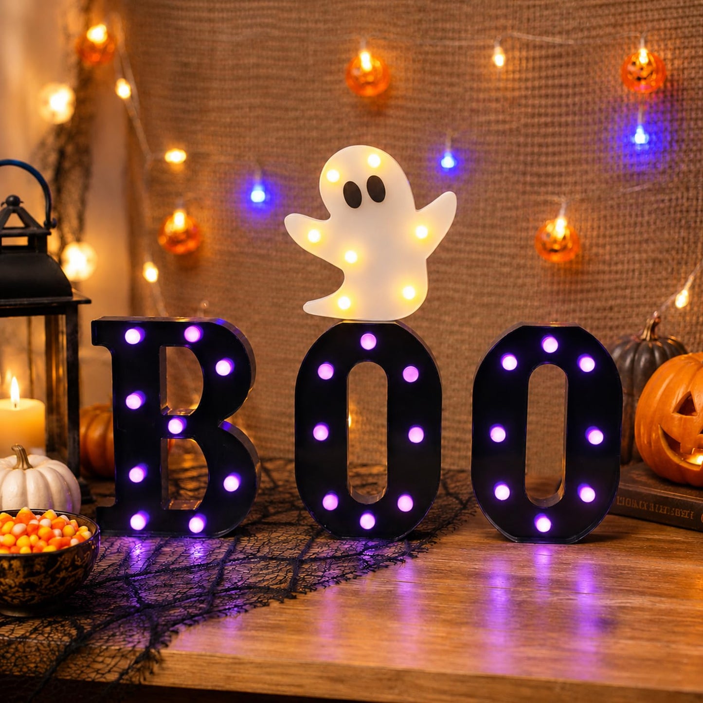 InnovTools Autumn Halloween Decorations BOO Marquee Letters with Ghost Light Purple LED Light Up Sign Spooky Table Centerpiece Wall Decor for Halloween Home Room Indoor Party Battery Operated Signs