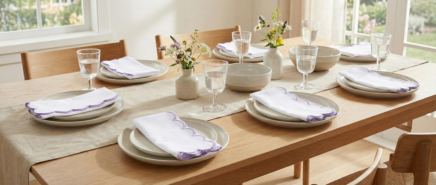 PurpleEssences Scalloped Embroidery Cloth Napkins - Spring Easter Summer - Table Decor - 100% Cotton - Set of 4-18x18 inch (White(Edges- Lavender), 18 x 18 Inch)