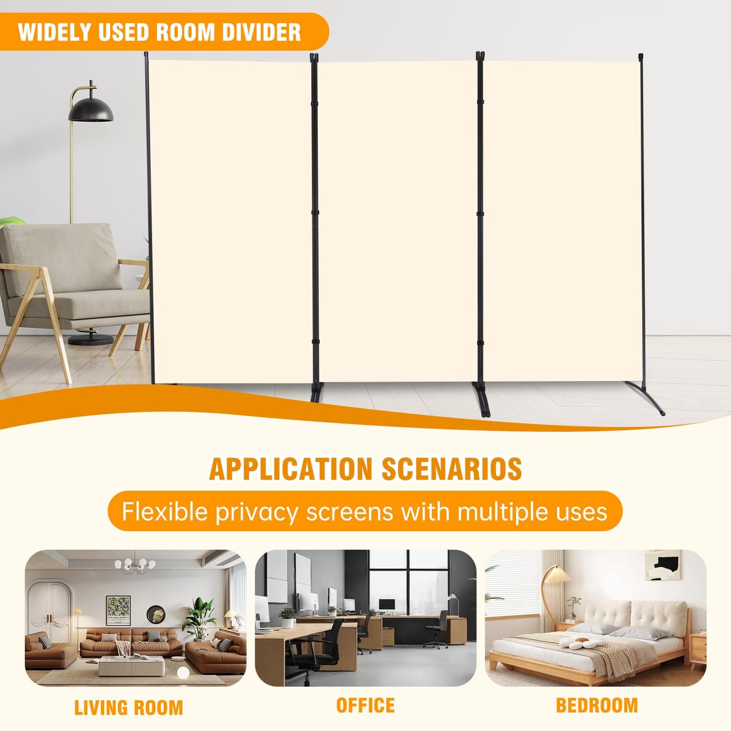 3 Panel Folding Privacy Screens, Portable Room Divider Panel, 6Ft Beige