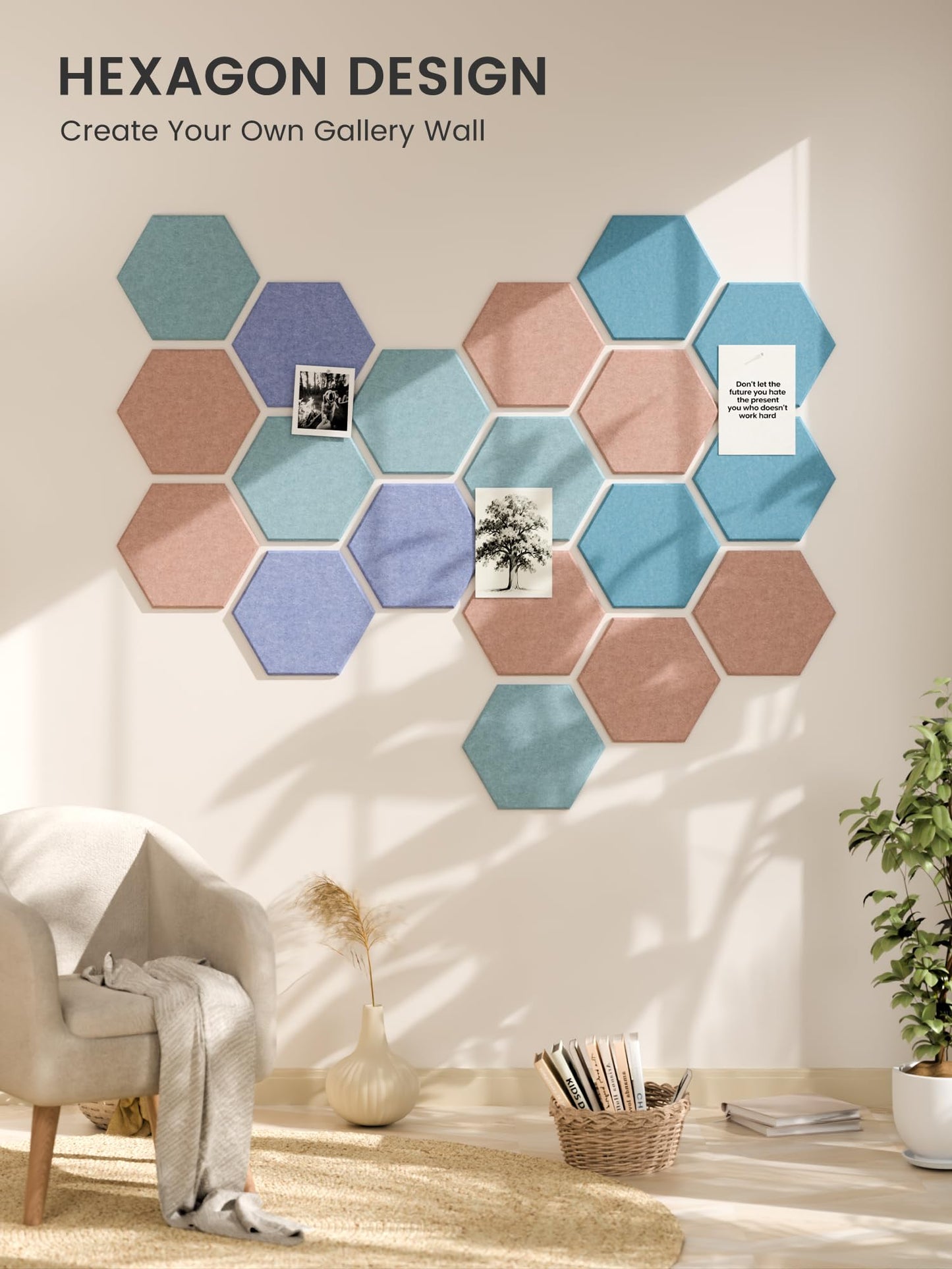 Fluxynara Hexagon Cork Board Alternative for Walls Decor-8-Pack Felt Bulletin Board Tiles,with 30 Pushpins,50 Adhesive Tabs for Office& Home Pin Board Felt Board-Coastal Haze