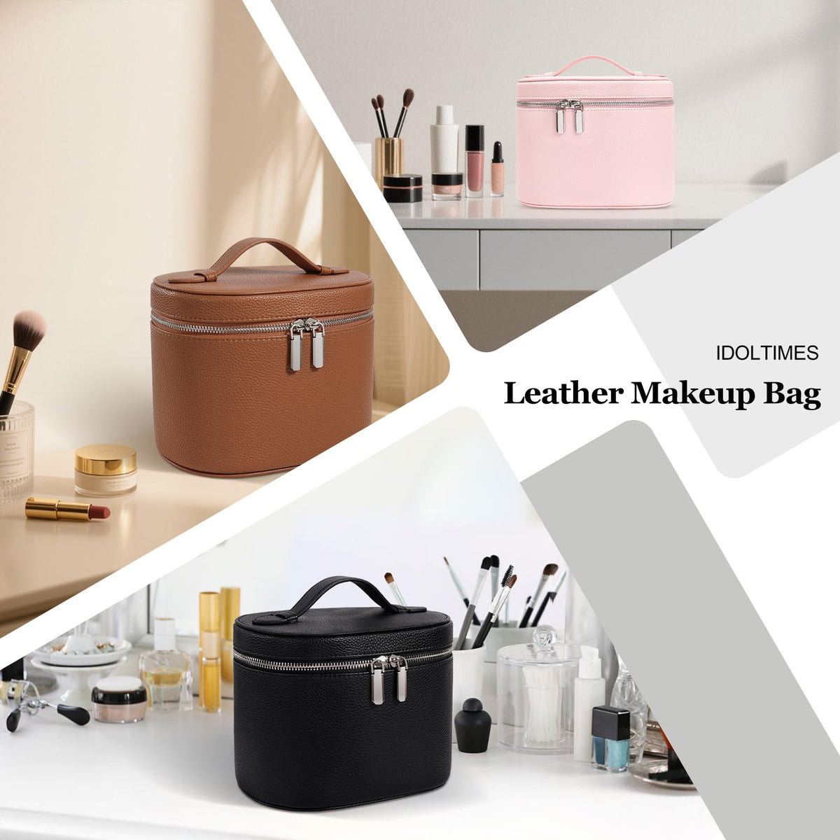 idoltimes Cosmetic Case, Leather Makeup Bag, Portable Handheld Makeup Case, Detachable Compartments