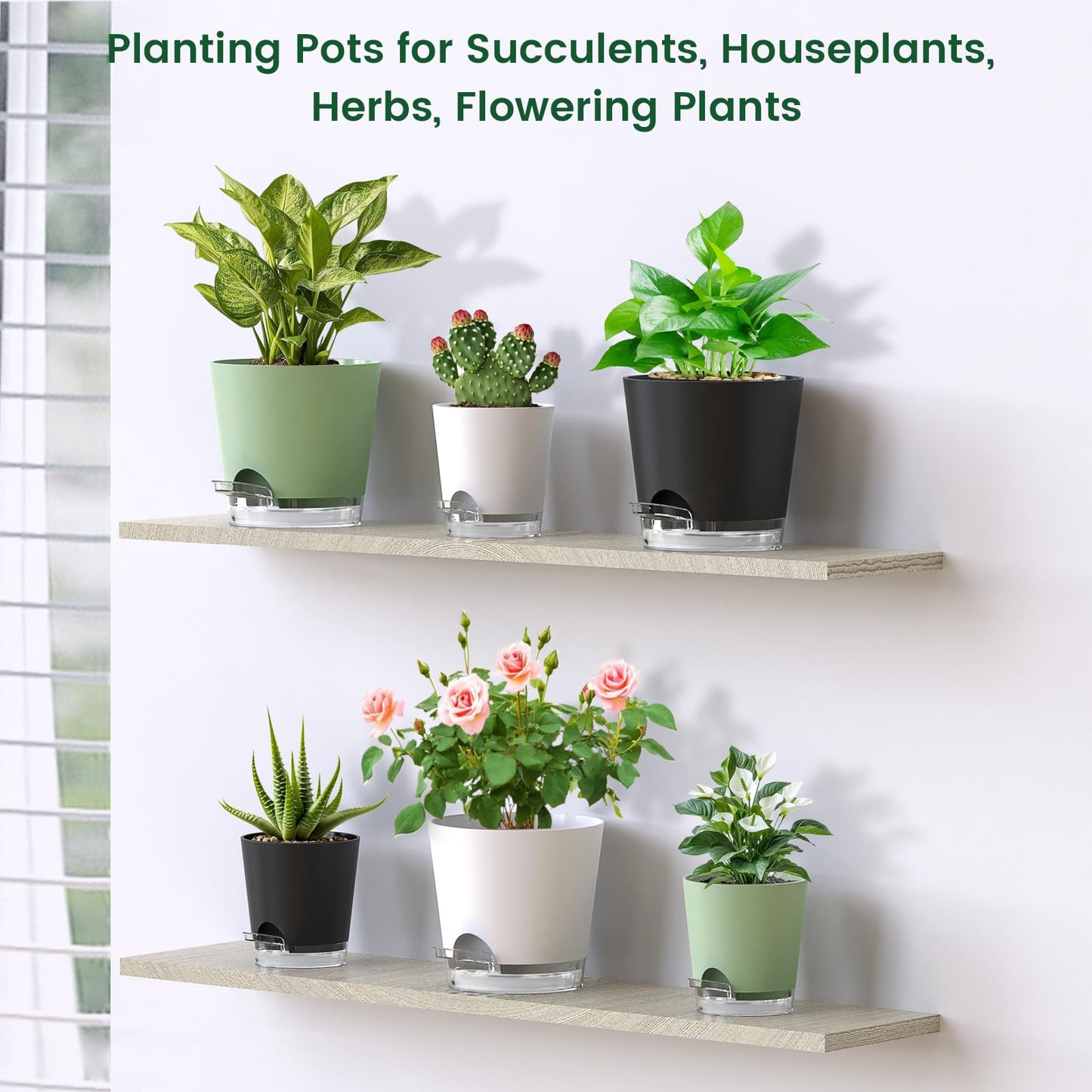 Meowell 4 inch Self Watering Pots for Indoor Plants, 5 Pack Small Flower Plant Pots with Drainage Holes and Clear Reservoirs, Visible Water Level, Plastic Planters with Wicking Rope, White